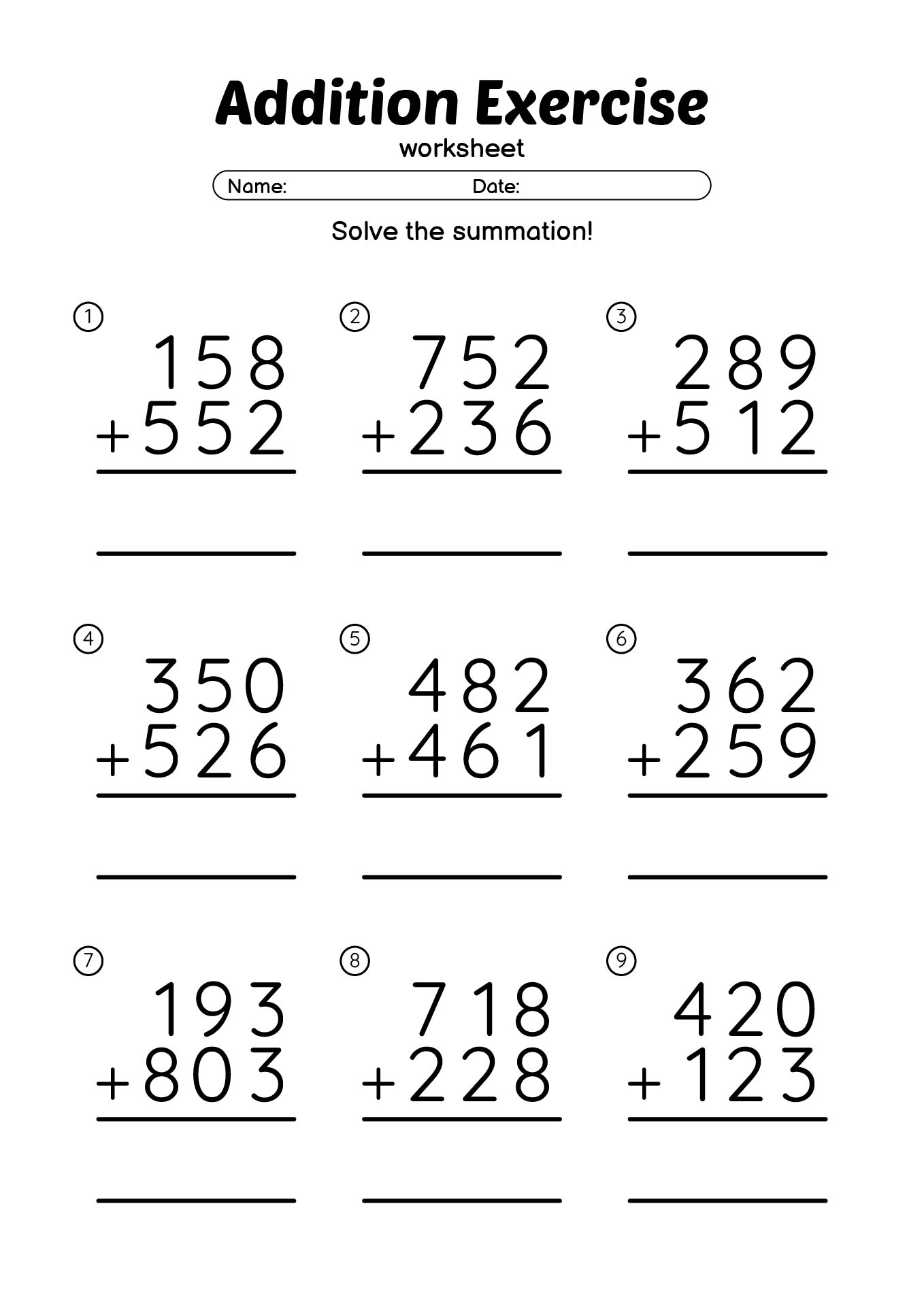 Printable Three-Digit Addition Exercise Worksheets