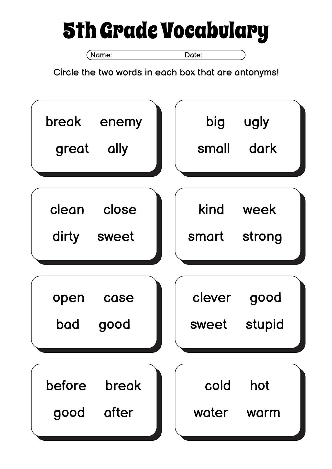 Printable Vocabulary Activities for 5th Graders