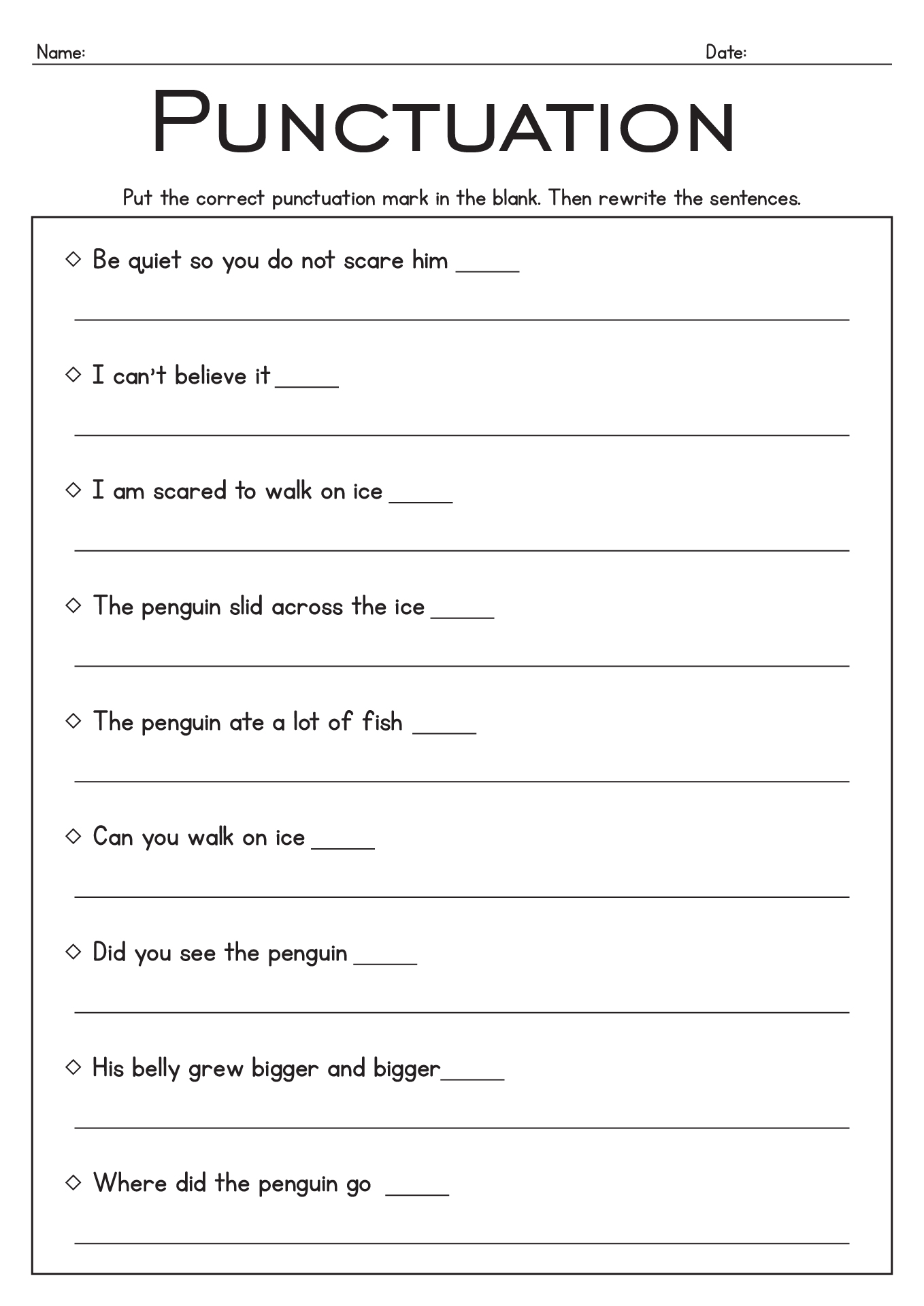 Punctuation Practice Worksheets for First Graders