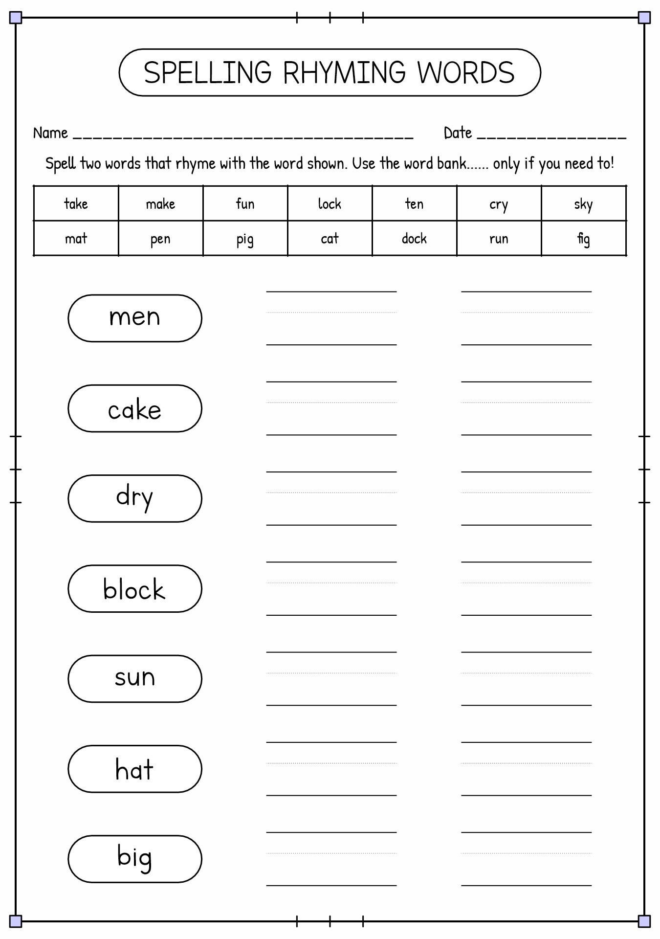 Rhyming Pairs Worksheet for First Graders