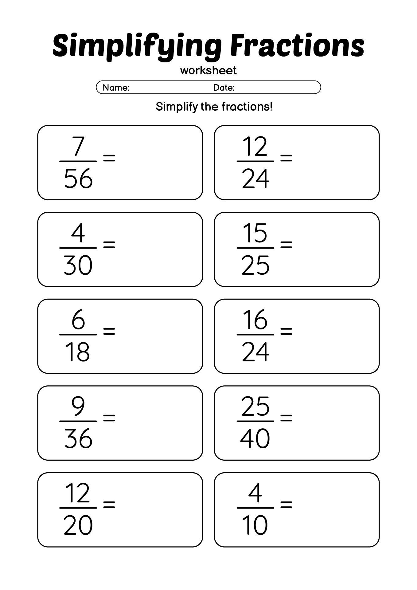 Simplifying Fractions Practice Sheets for Fifth Graders