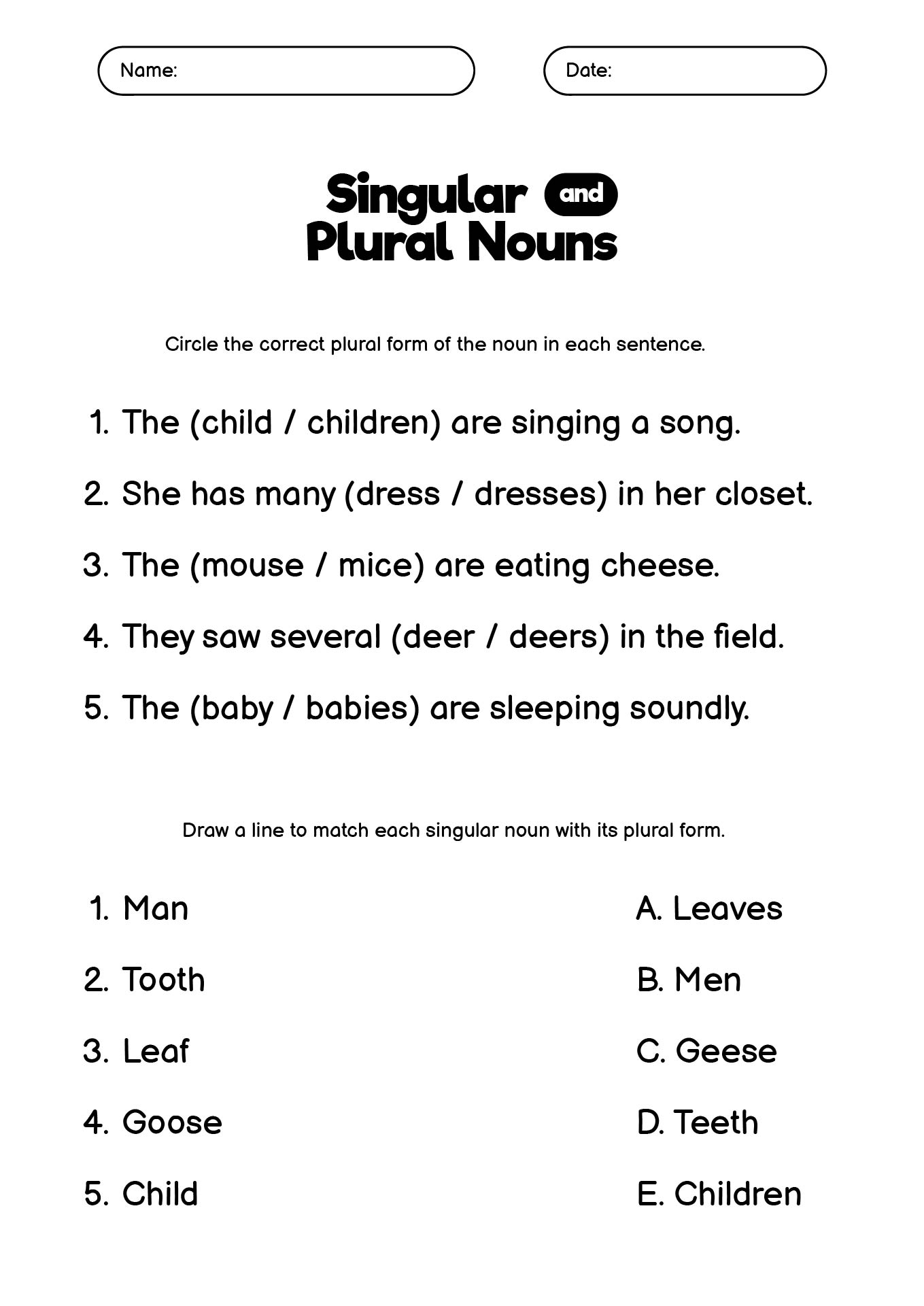 Singular and Plural Noun Worksheet Activities