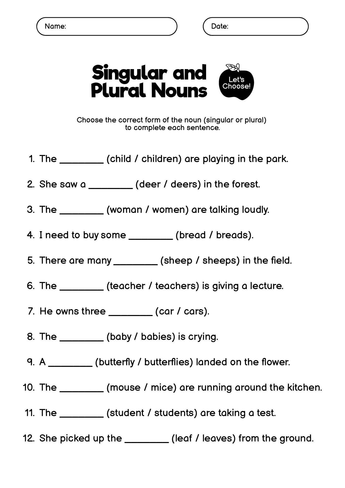 Singular vs. Plural Nouns Worksheet for Students