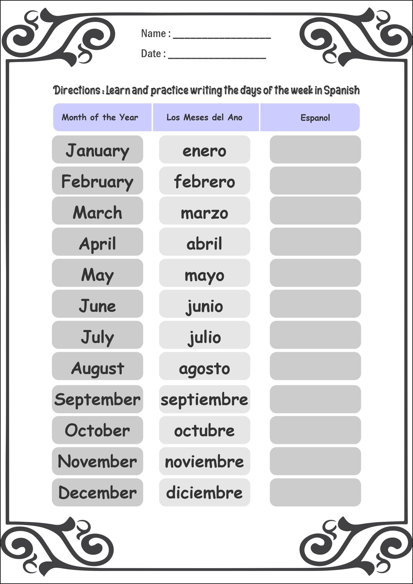 Spanish Language Practice Worksheets Months of the Year