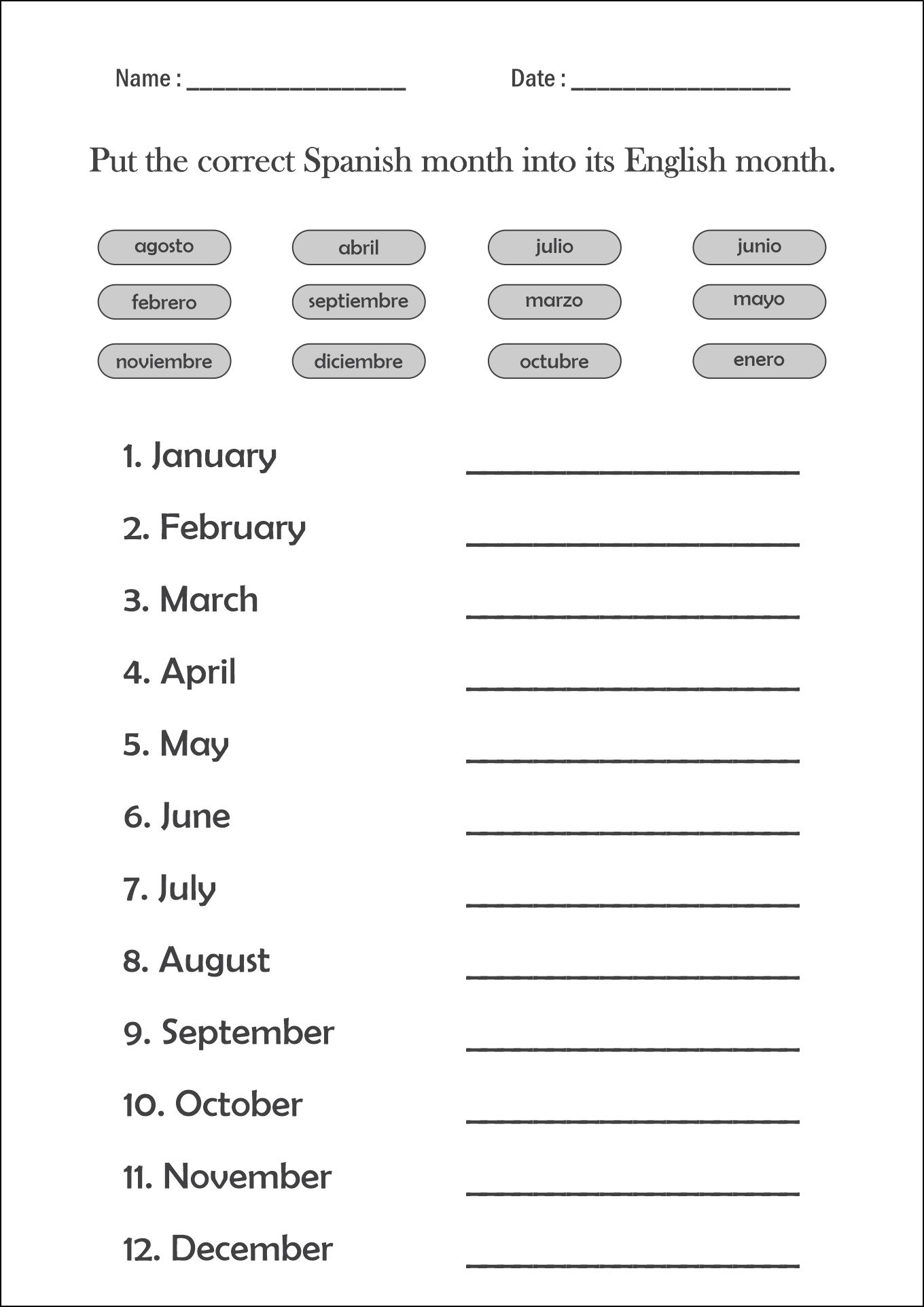 Spanish Months of the Year Worksheets