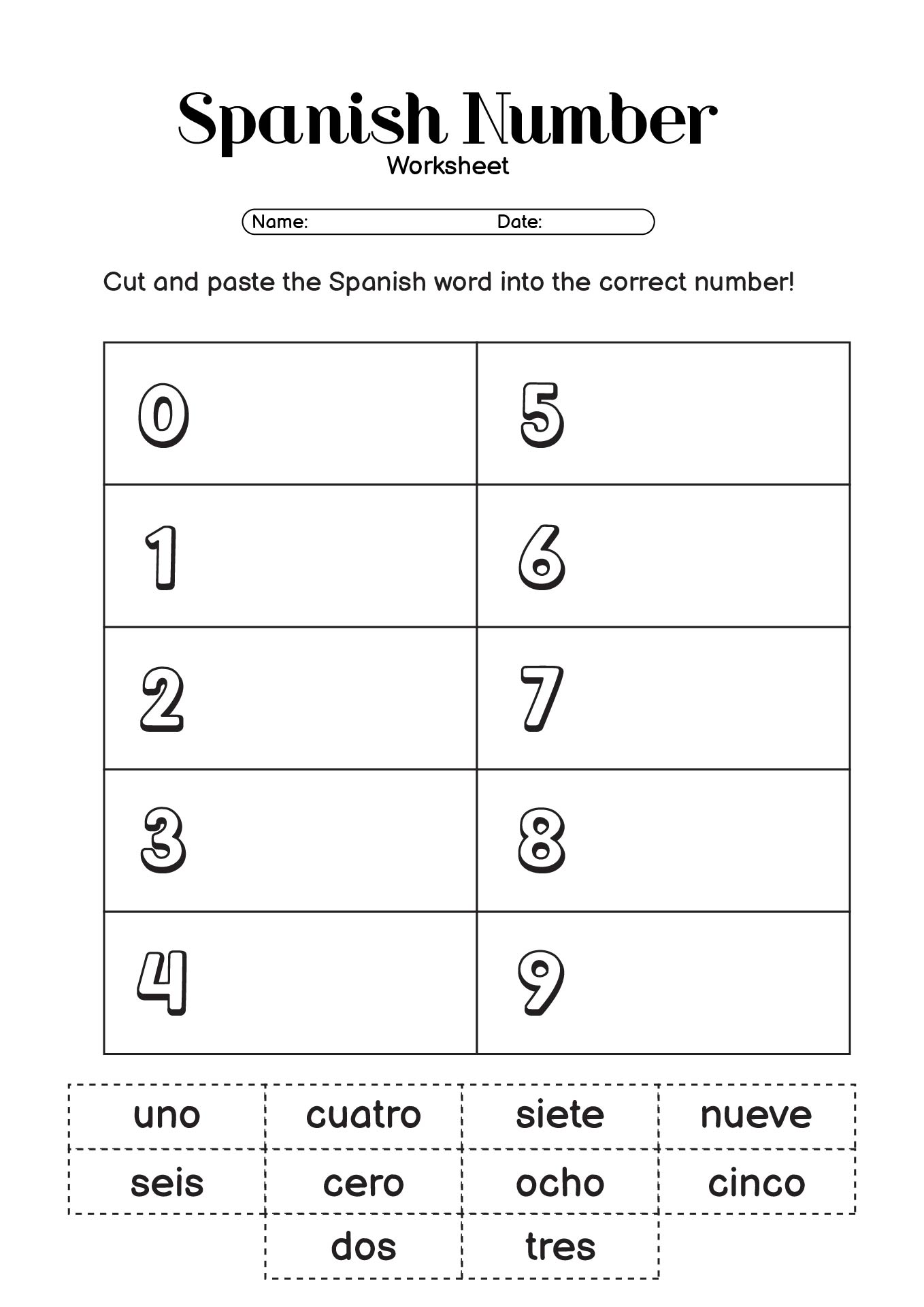 Spanish Numbers Worksheet for 1st Grade