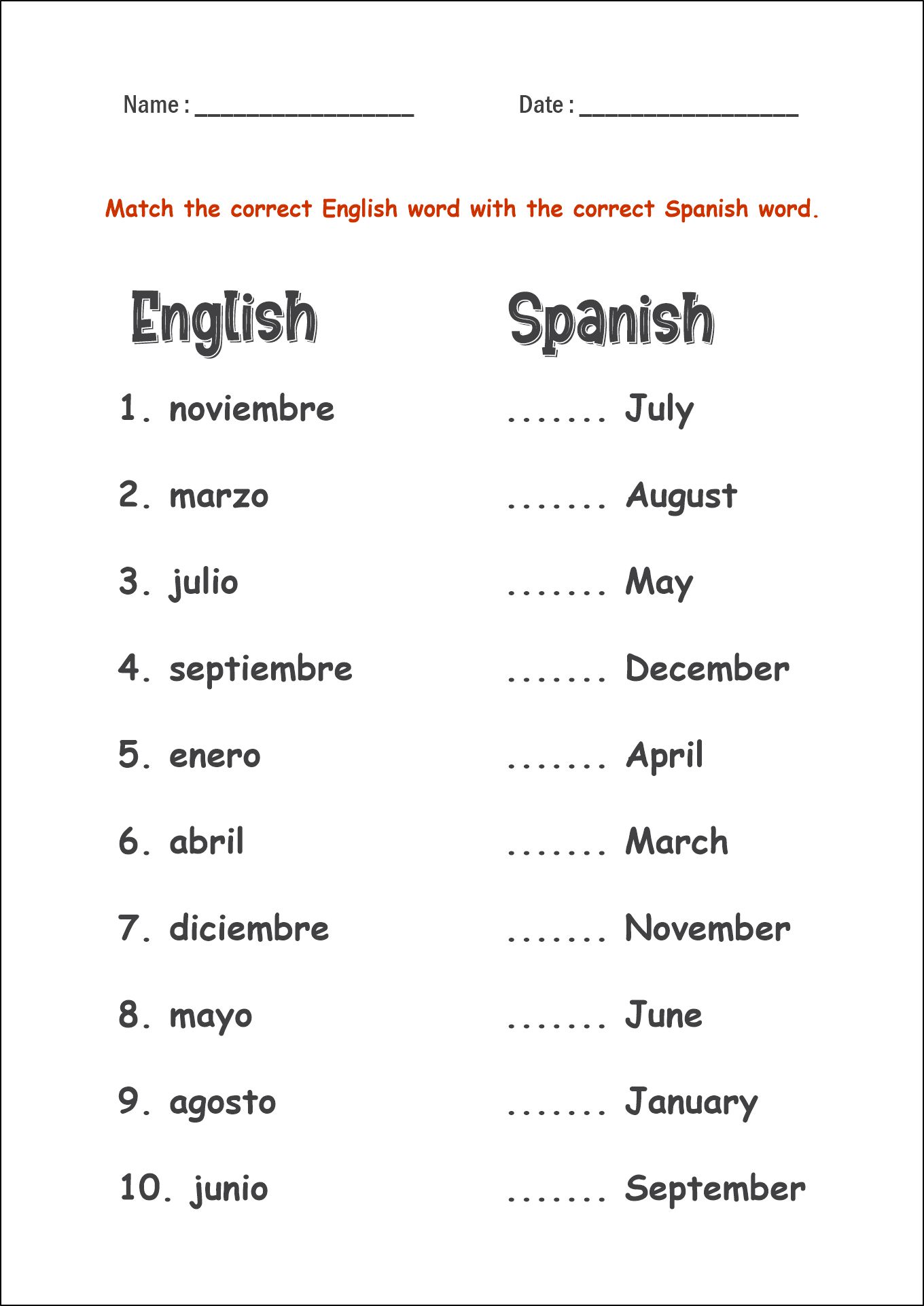 Spanish Vocabulary Worksheets for Months