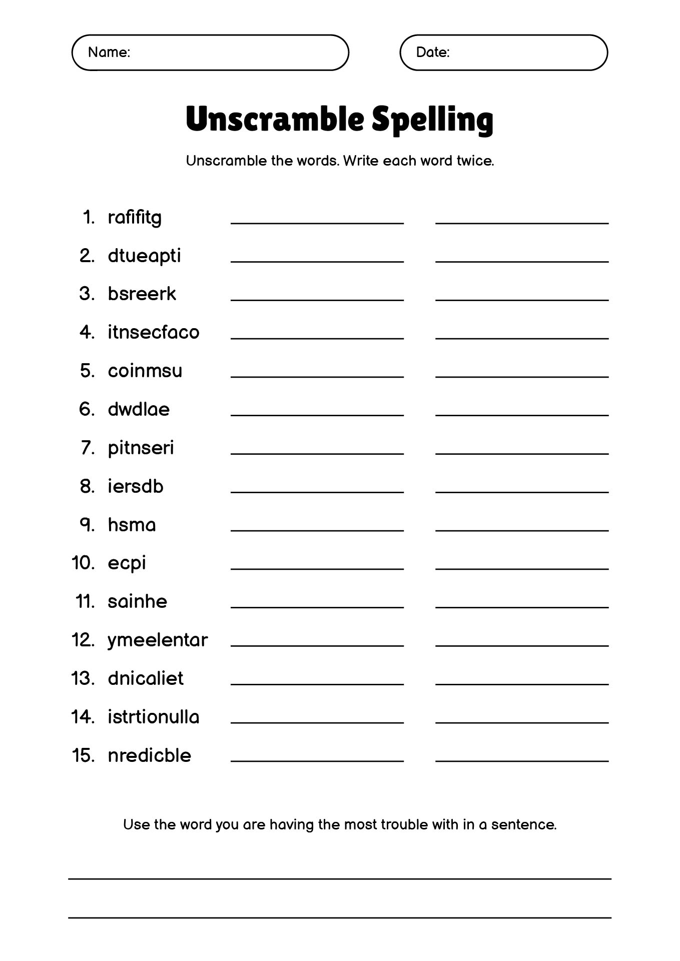 Spelling and Vocabulary Worksheets for 7th Grade