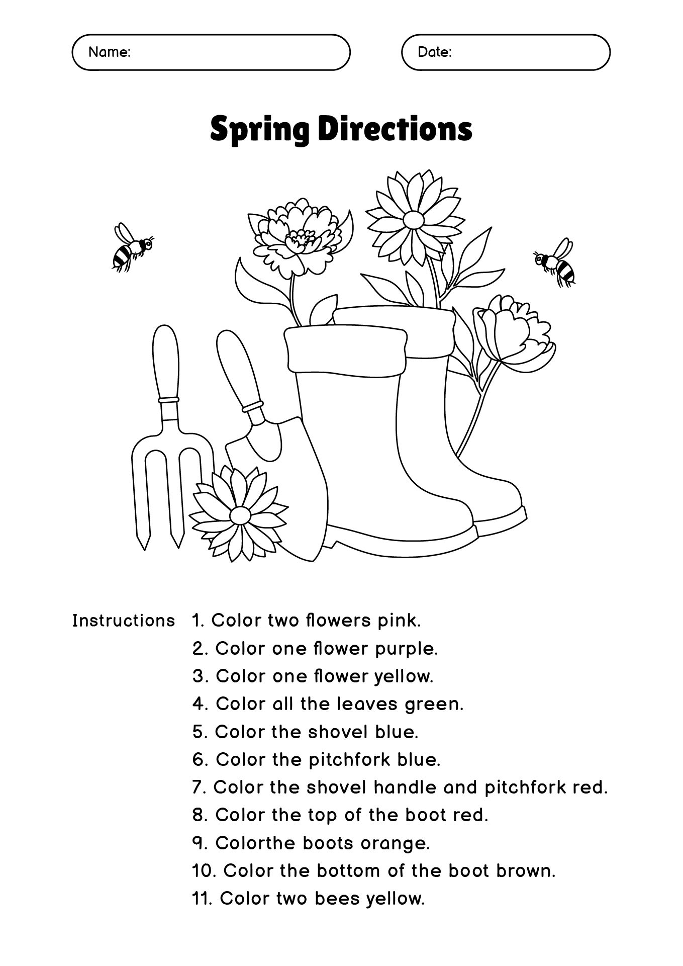 Spring Themed Following Directions Worksheet