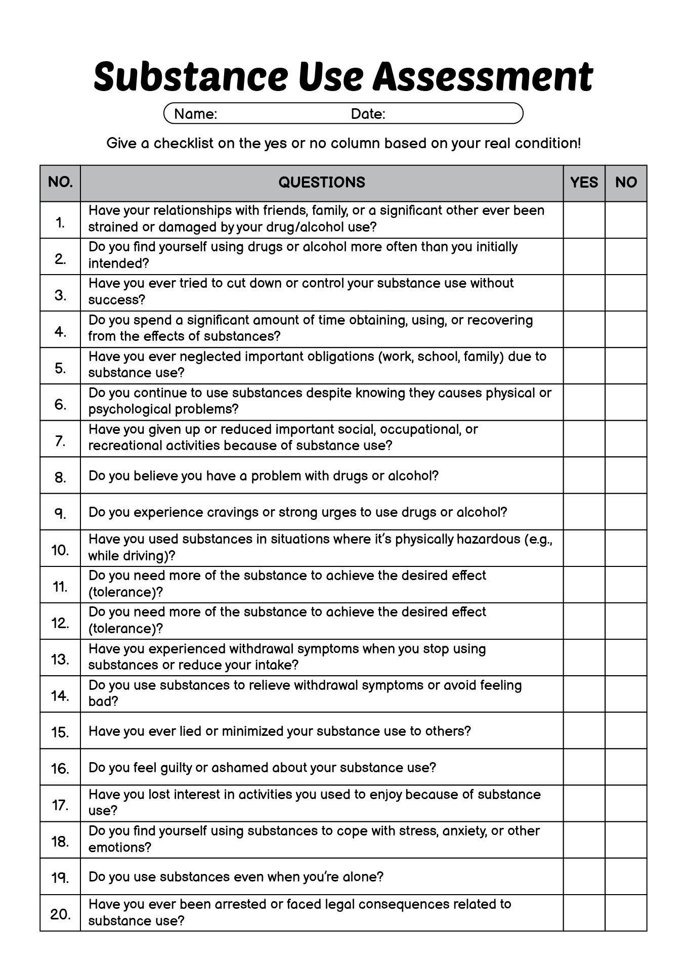 Substance Use Assessment Worksheet