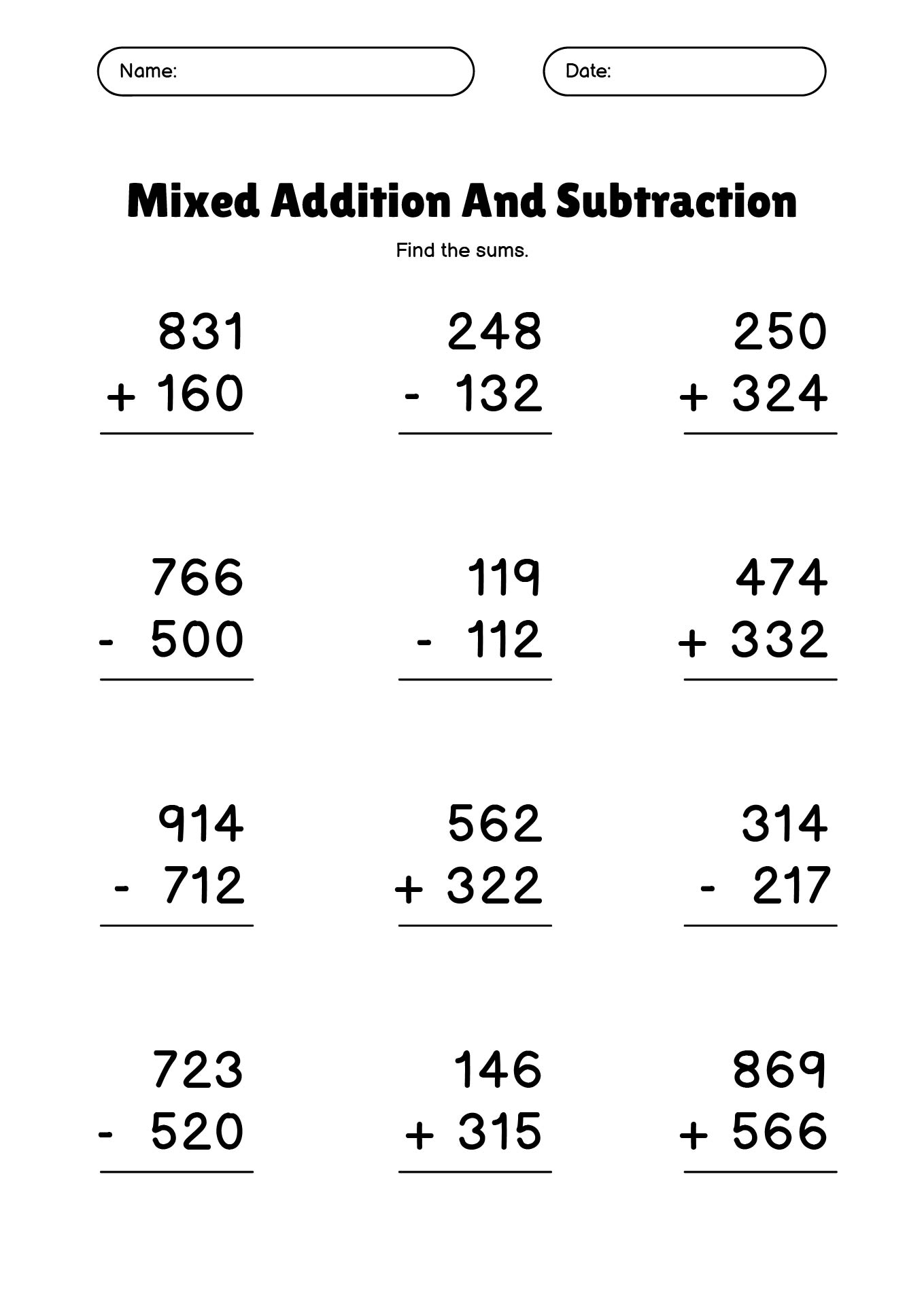 Three-Digit Addition and Subtraction Combo Worksheets