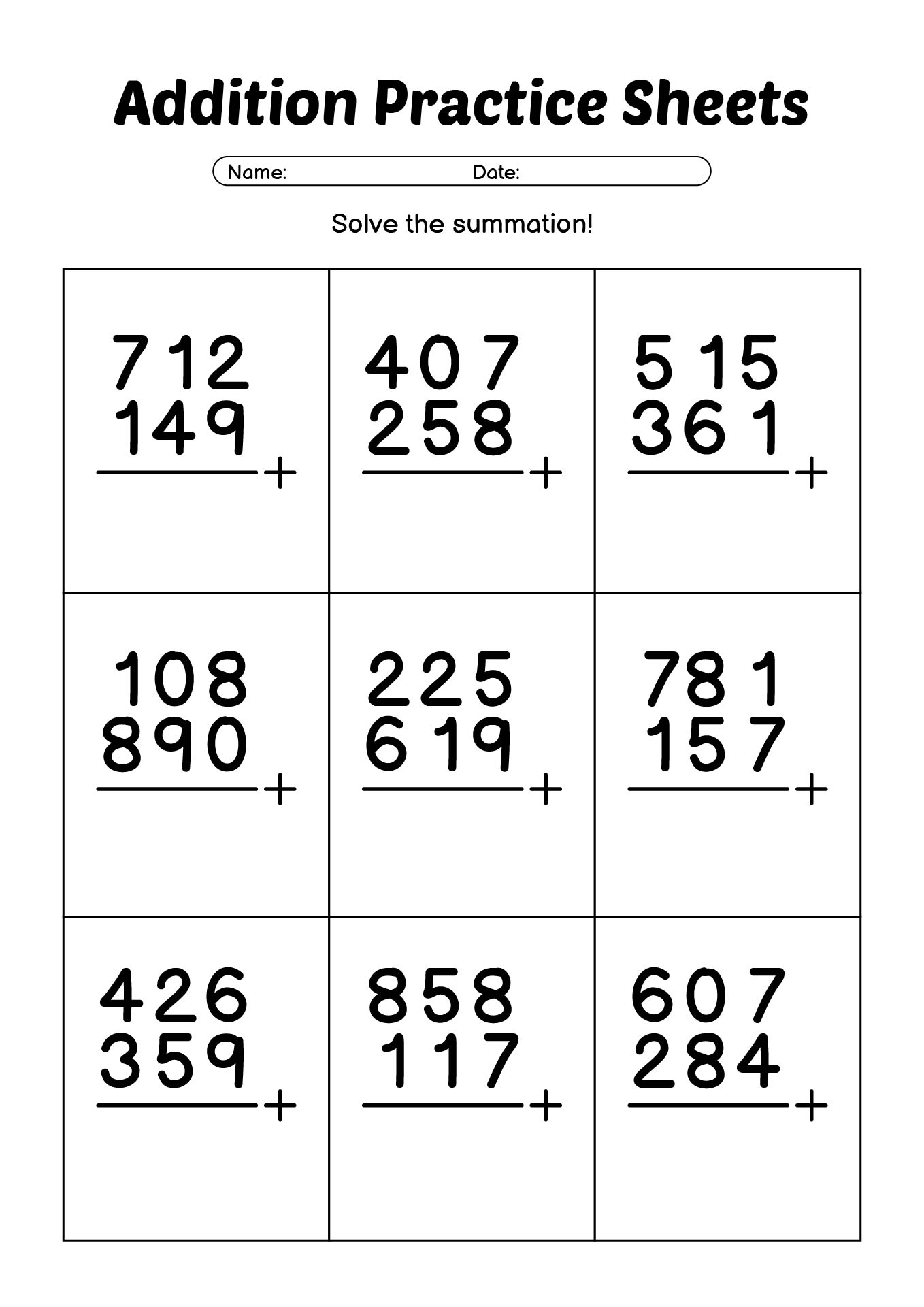 Three-Digit Addition Practice Sheets for Kids