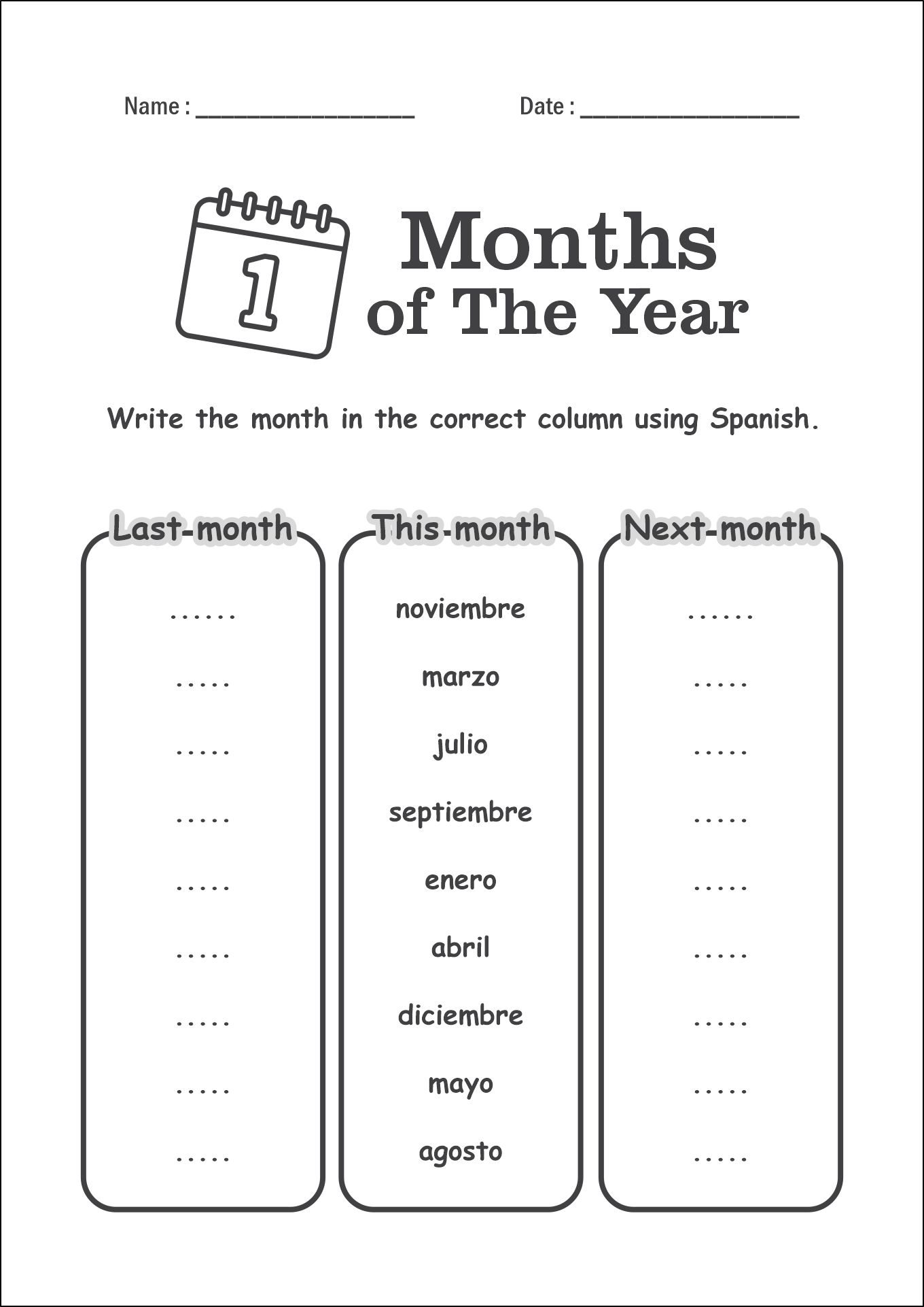 Worksheets for Learning Months in Spanish