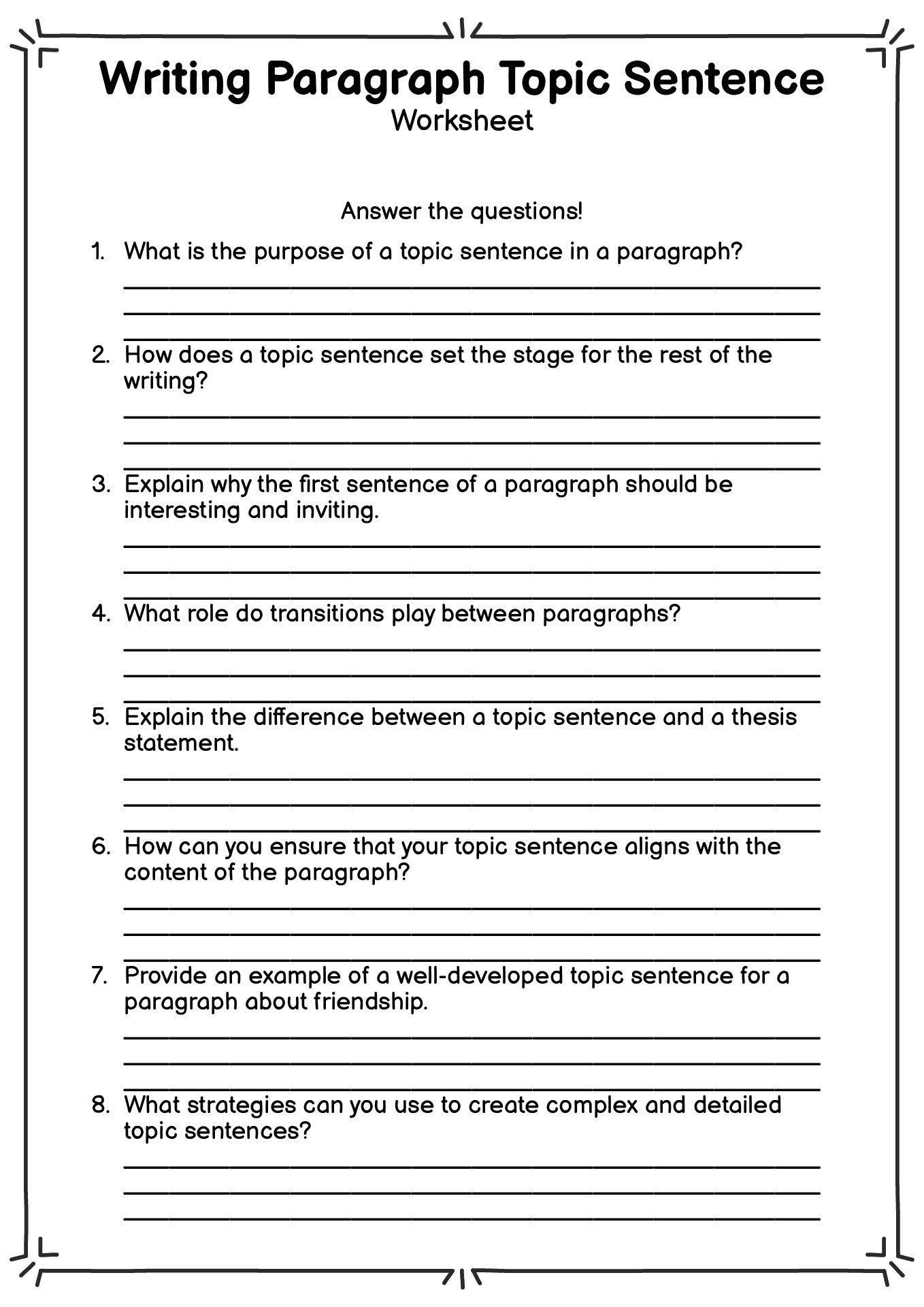 Writing Paragraph Topic Sentence Practice Sheets for Adults