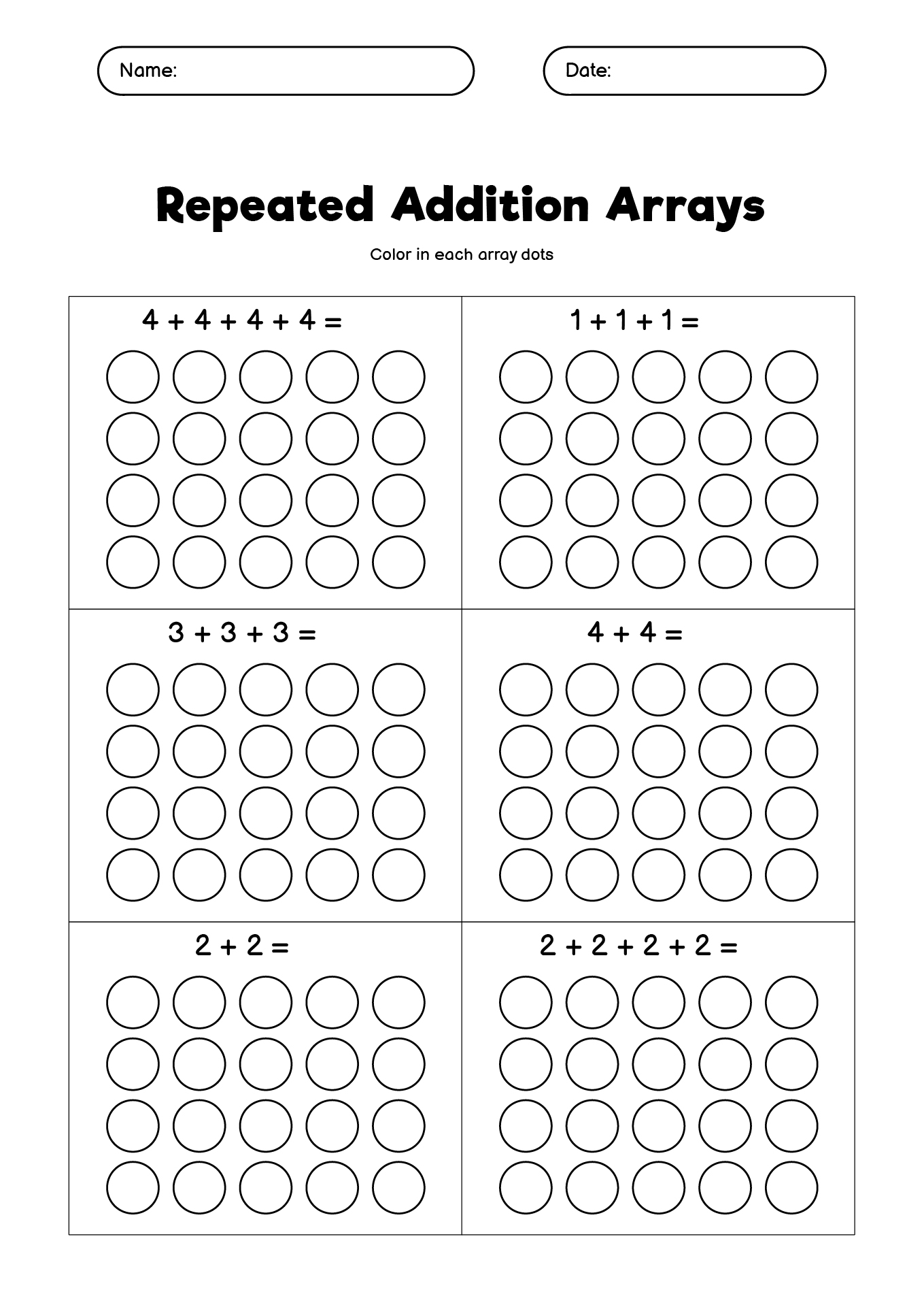 2nd Grade Math Repeated Addition Arrays Practice Sheets