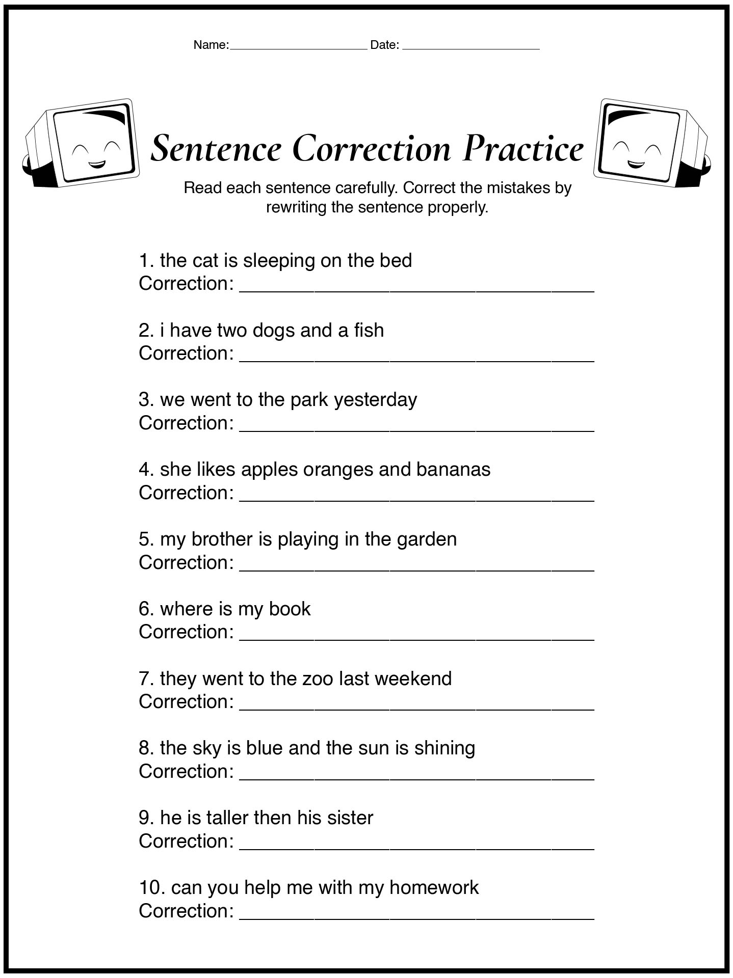 2nd Grade Sentence Correction Practice Sheets