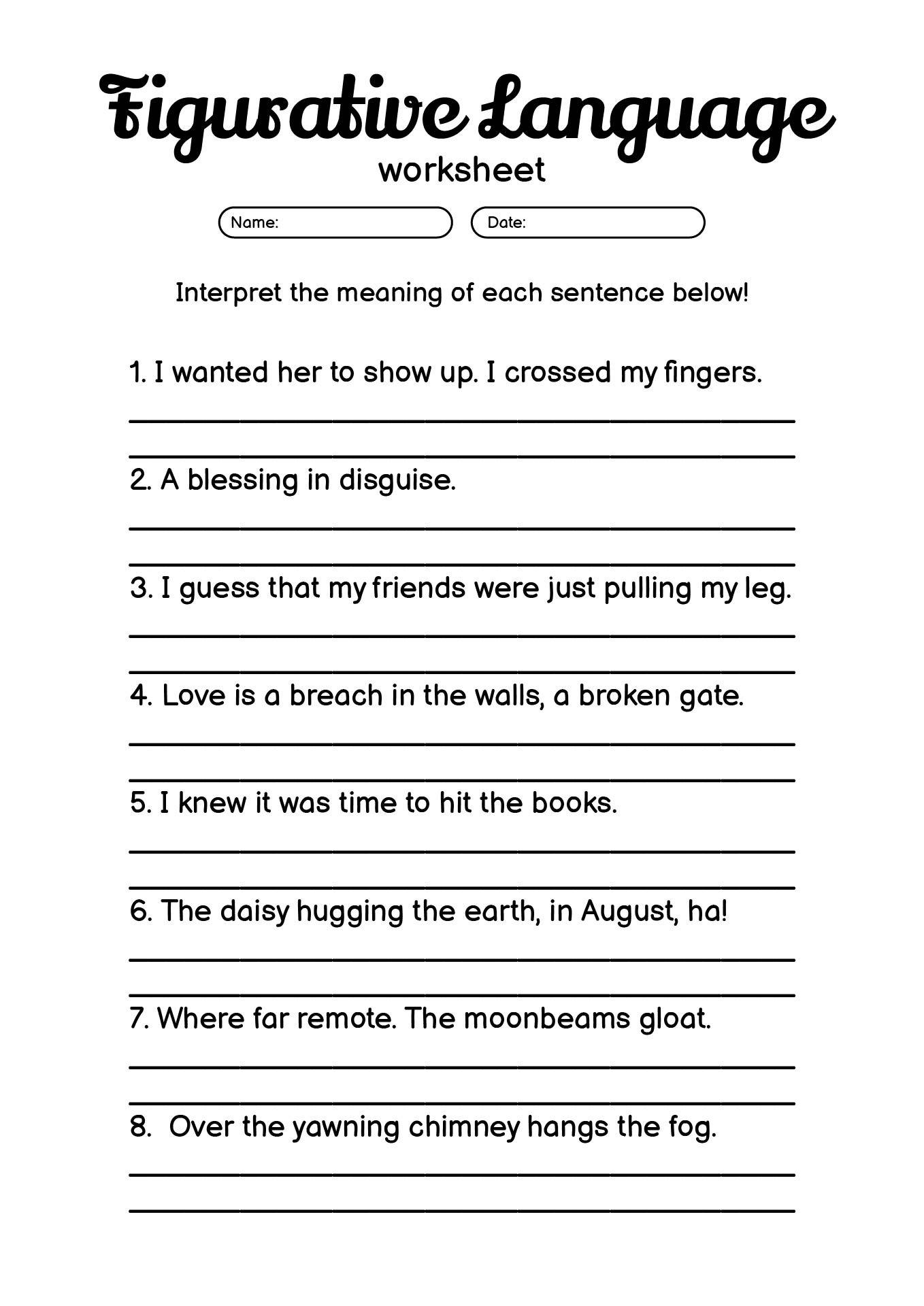 5th Grade Figurative Language Learning Worksheets