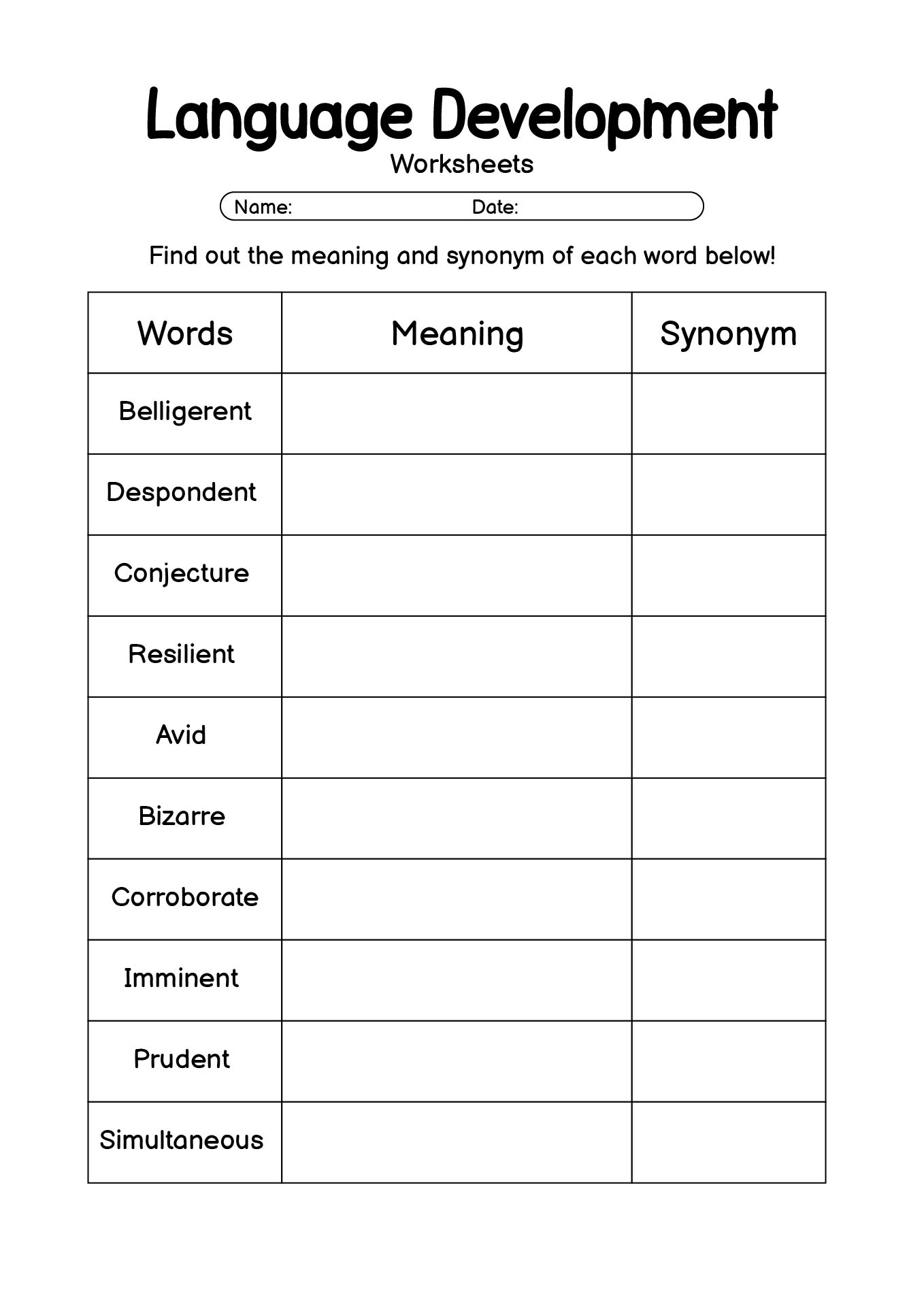 8th Grade Language Development Sheets