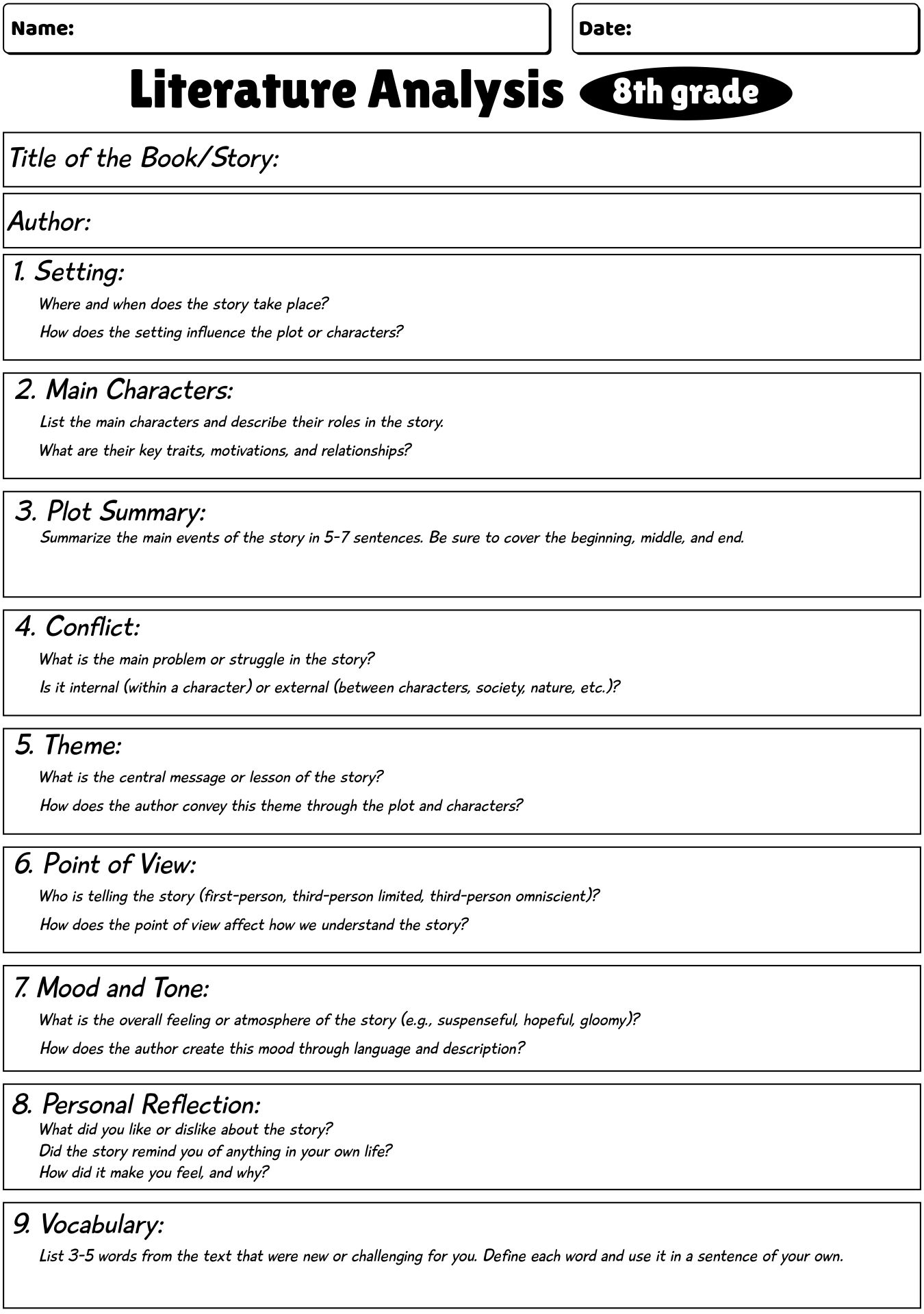 8th Grade Literature Analysis Worksheets