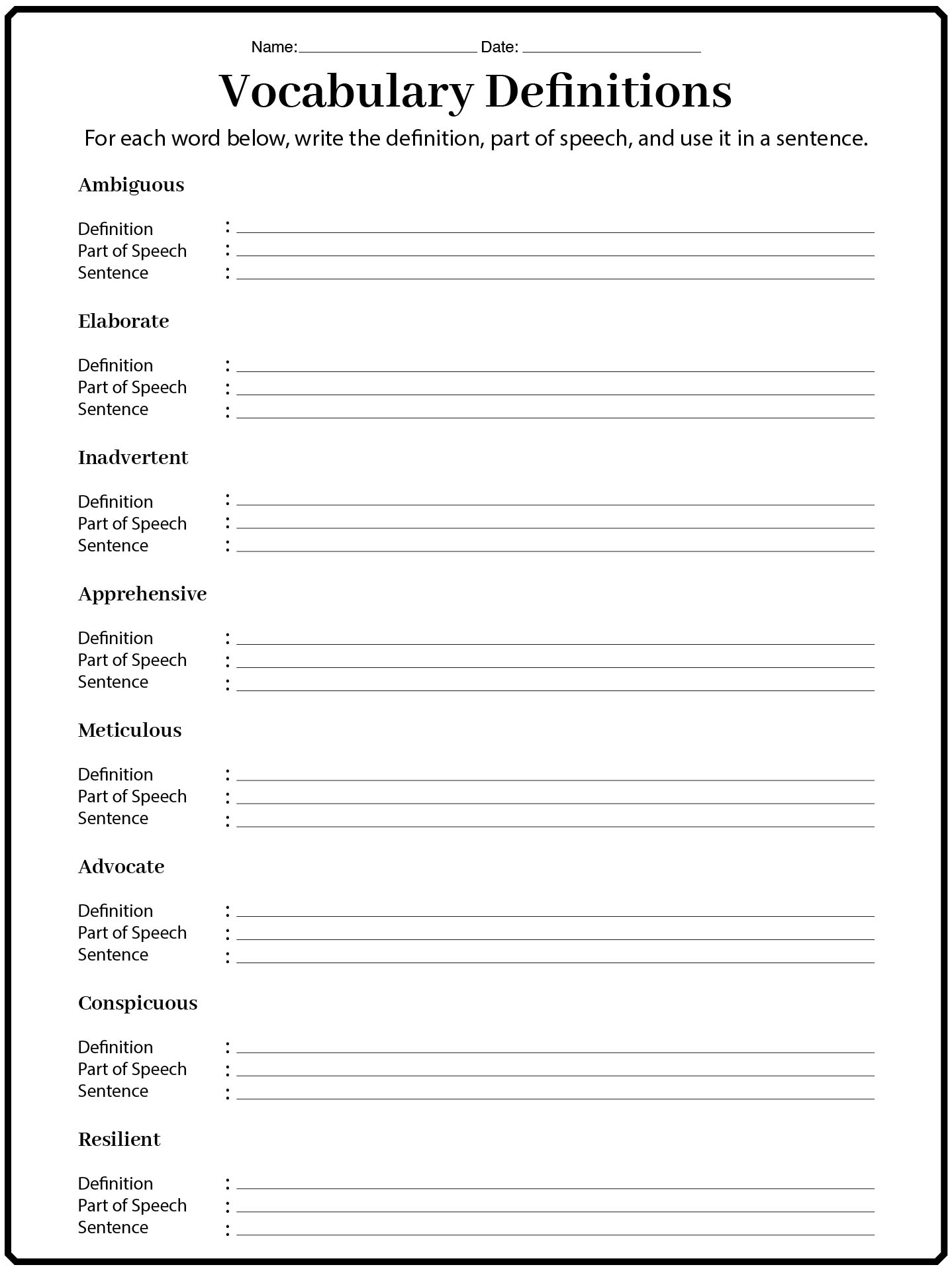 8th Grade Vocabulary Practice Sheets