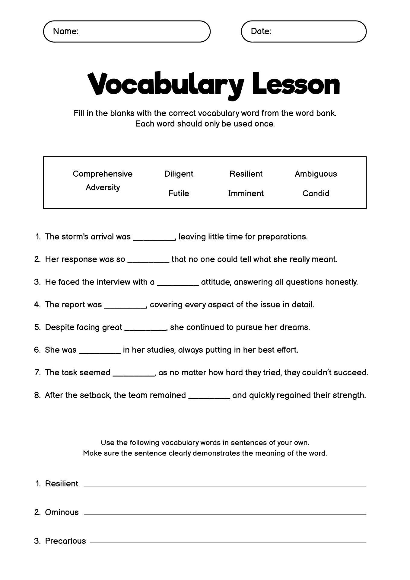 9th Grade English Vocabulary Practice Sheets