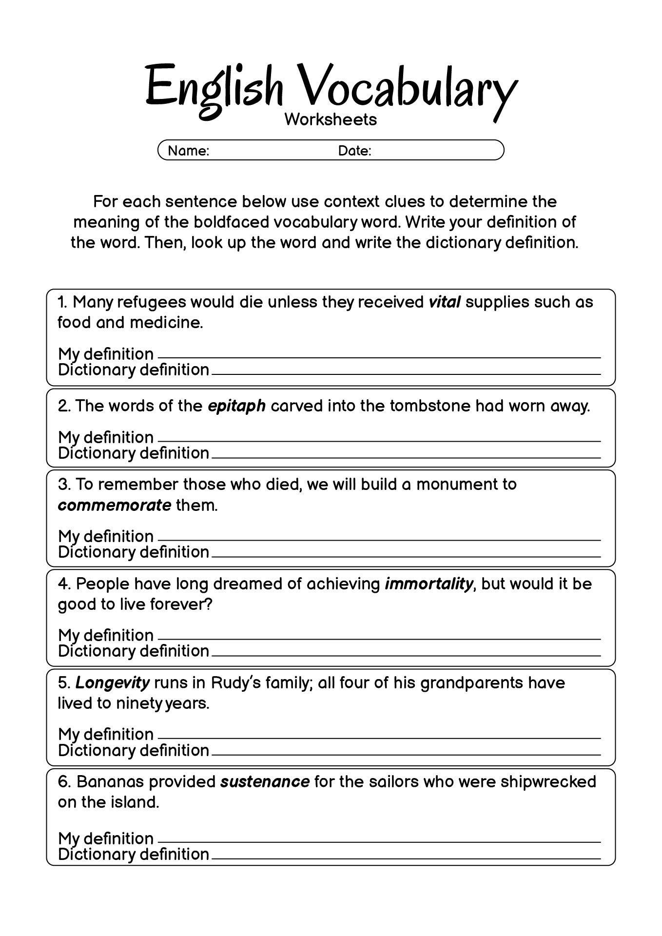 9th Grade English Vocabulary Practice Worksheets