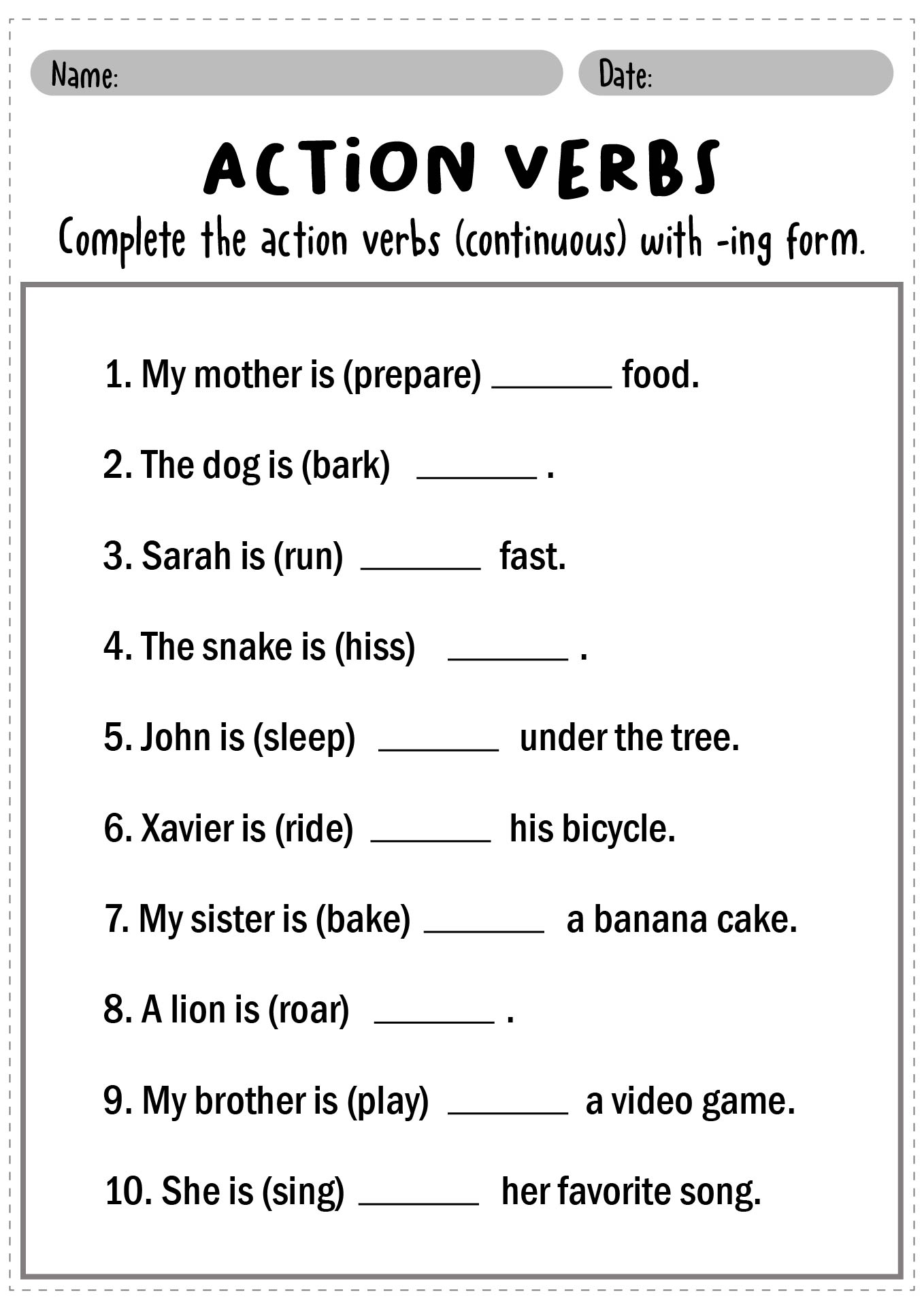 Action Verbs Ending in ING Activities