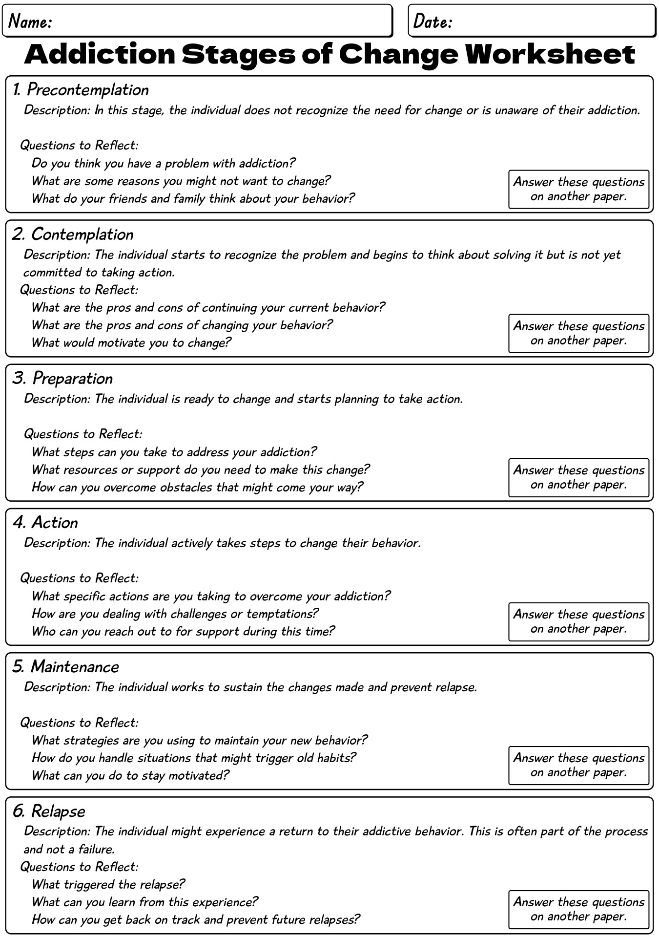 Addiction Stages of Change Worksheet