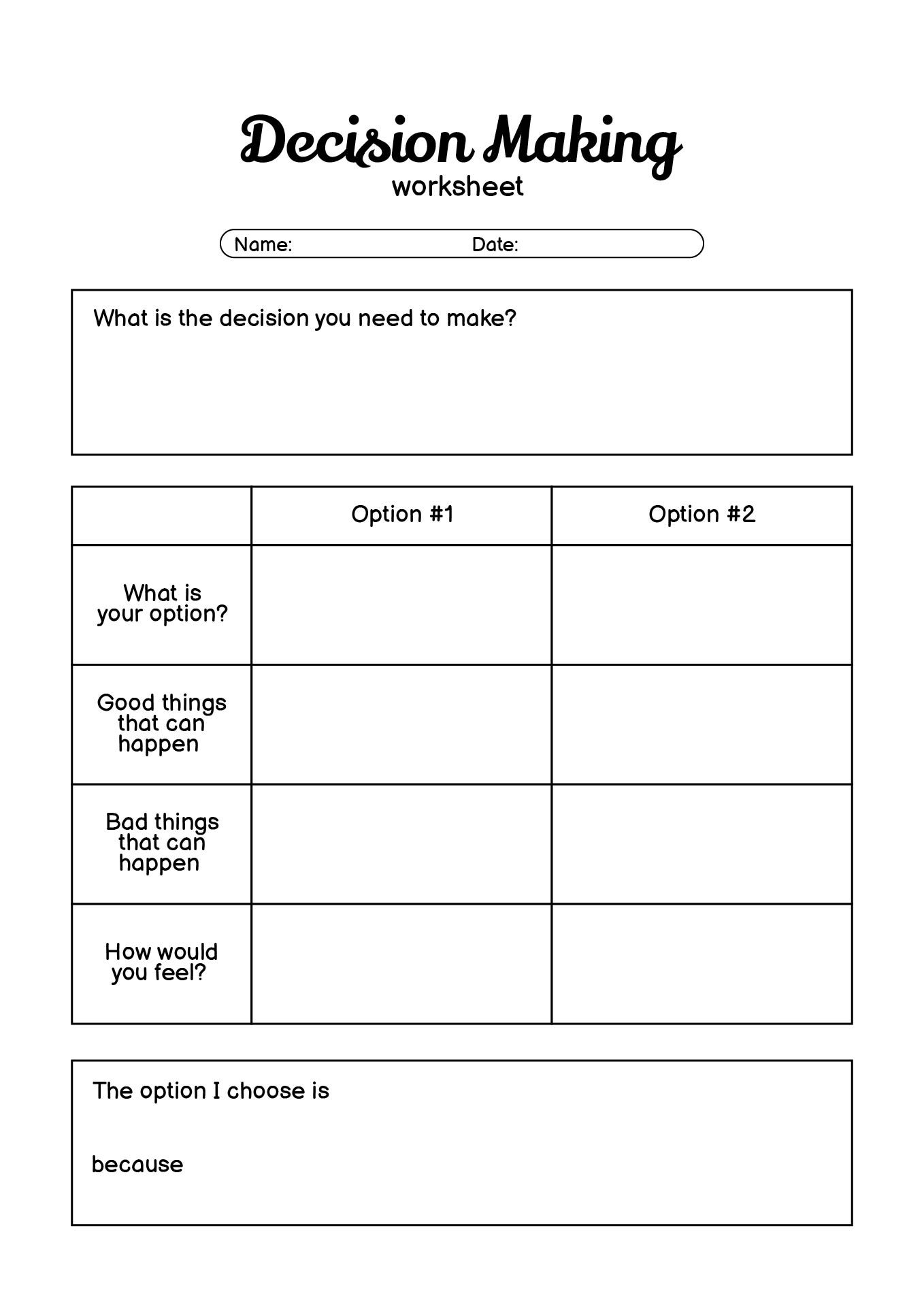 Adult Decision Making Worksheets