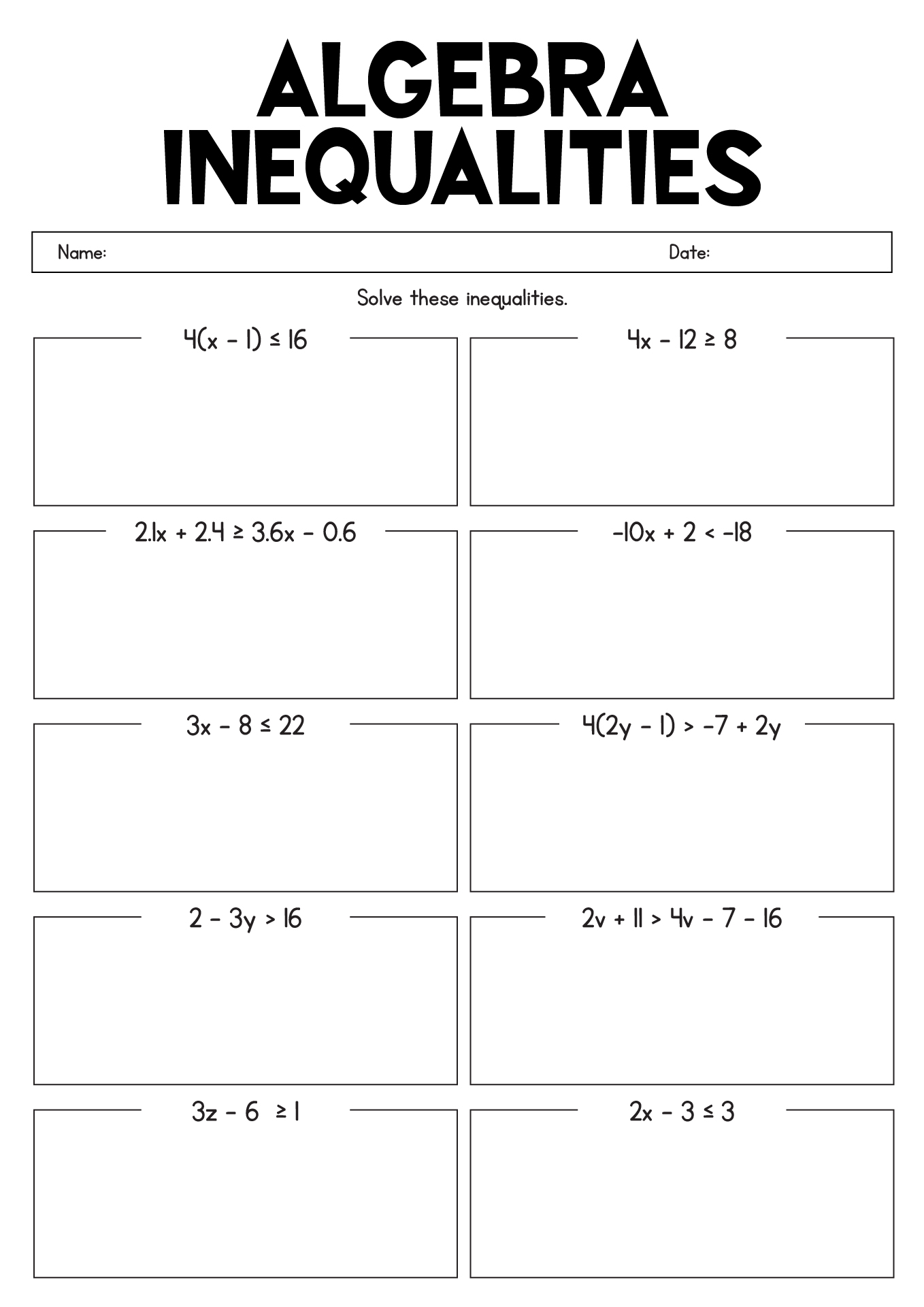 Advanced Algebra Inequalities Challenge Worksheets