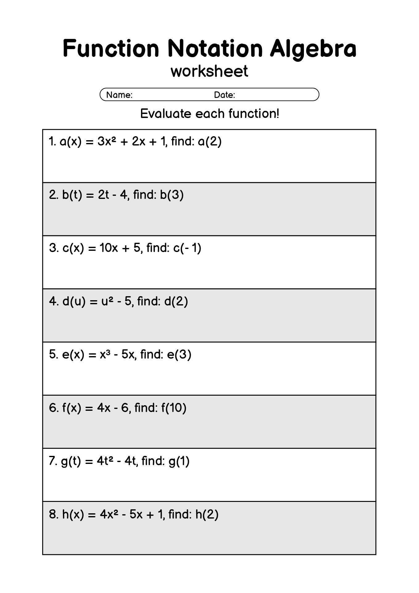 Advanced Function Notation Algebra Practice Sheets