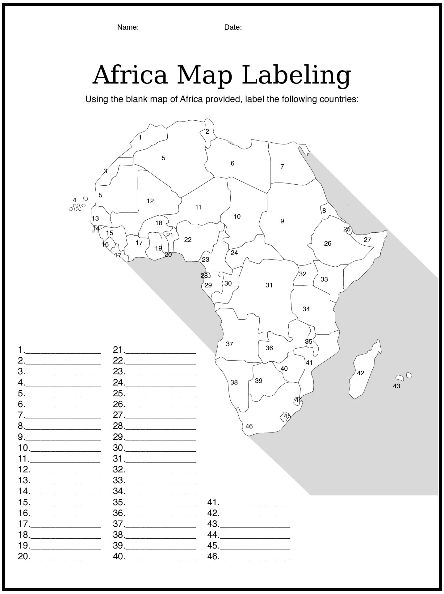 Africa Map Labeling Worksheet for Students