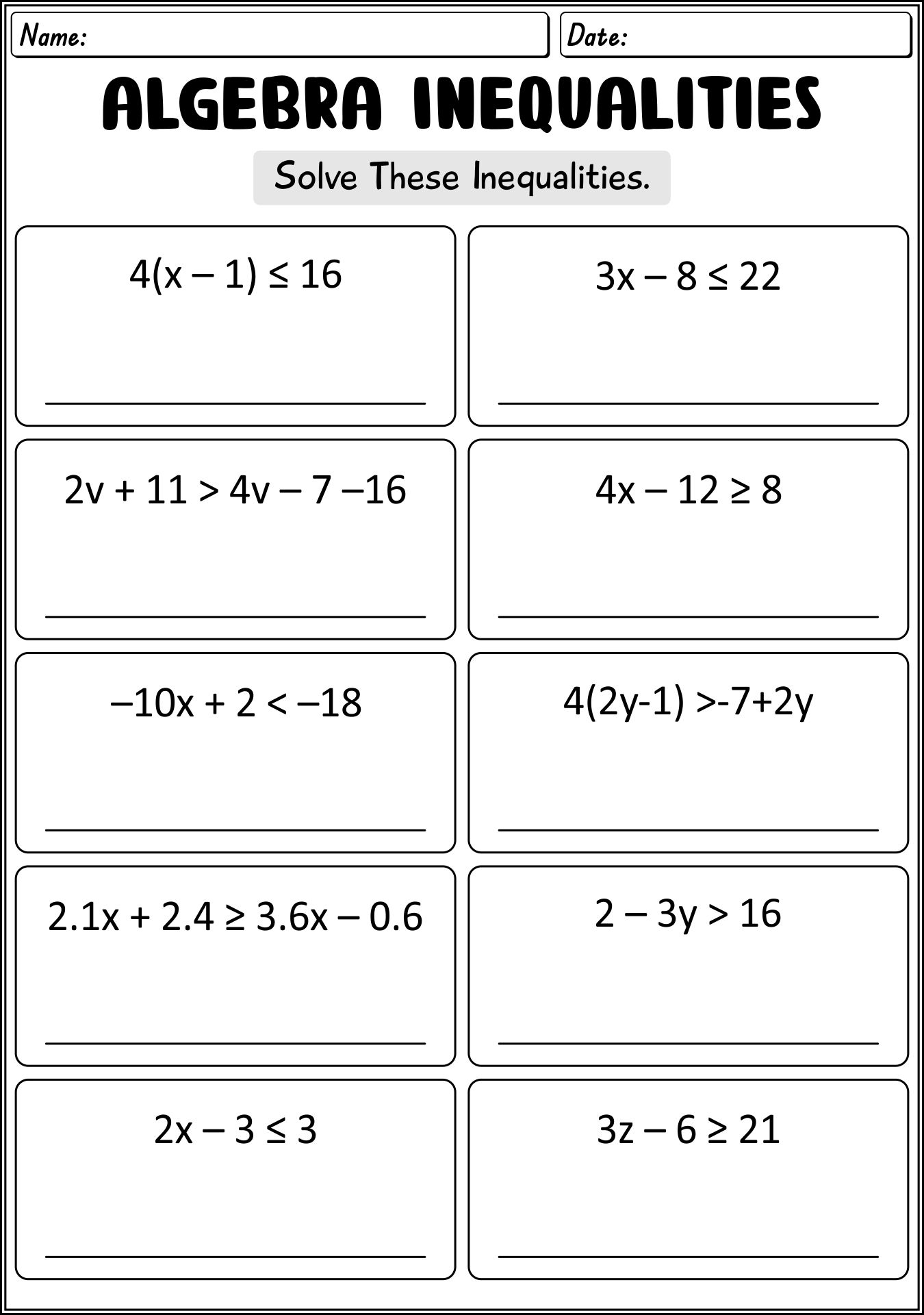 Algebra Inequalities Test Preparation Sheets