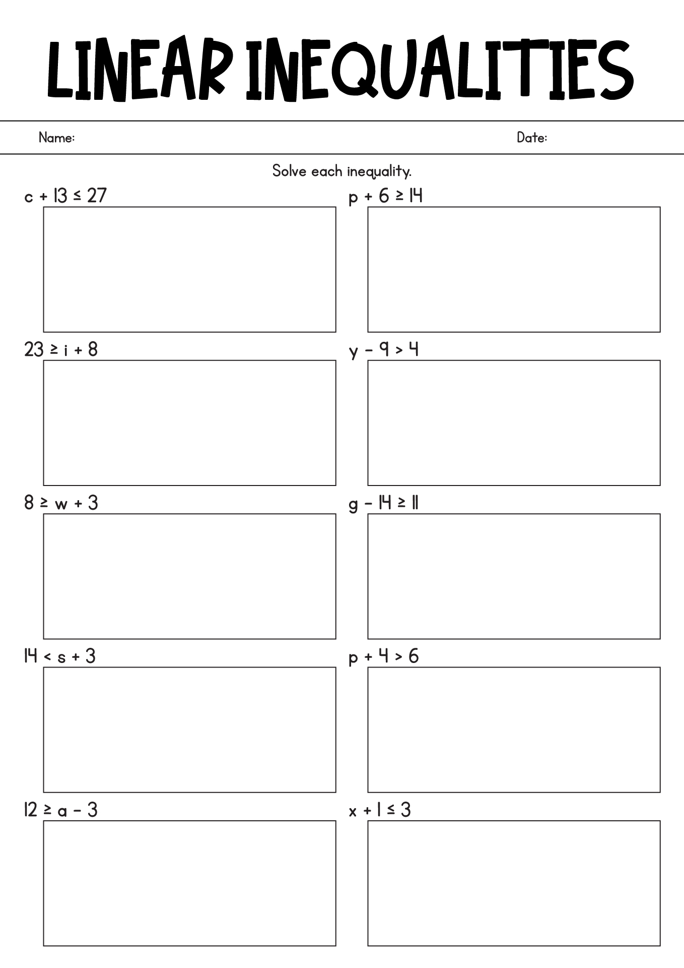 Algebra Solving Inequalities Worksheets