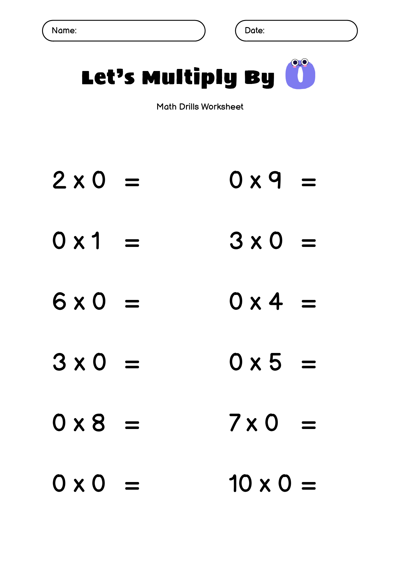 Basic Multiplication 0 Times Table Drills