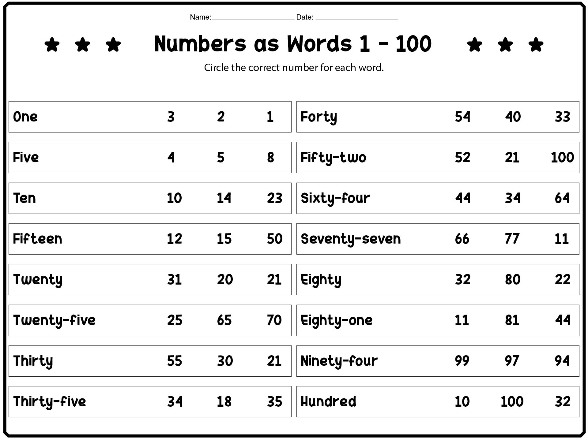 Basic Spelling of Numerical Words 1-100 Activity Sheets