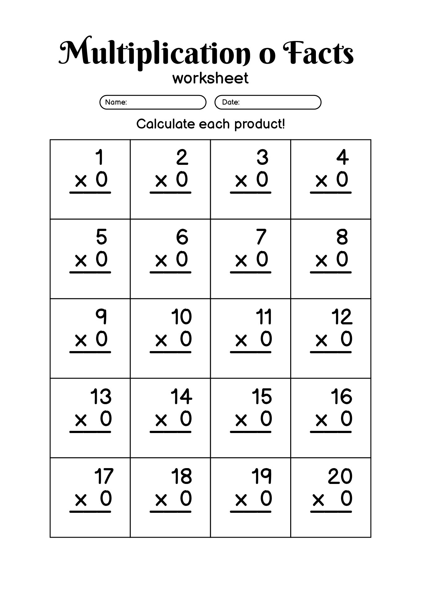 Beginner Multiplication 0 Facts Worksheets