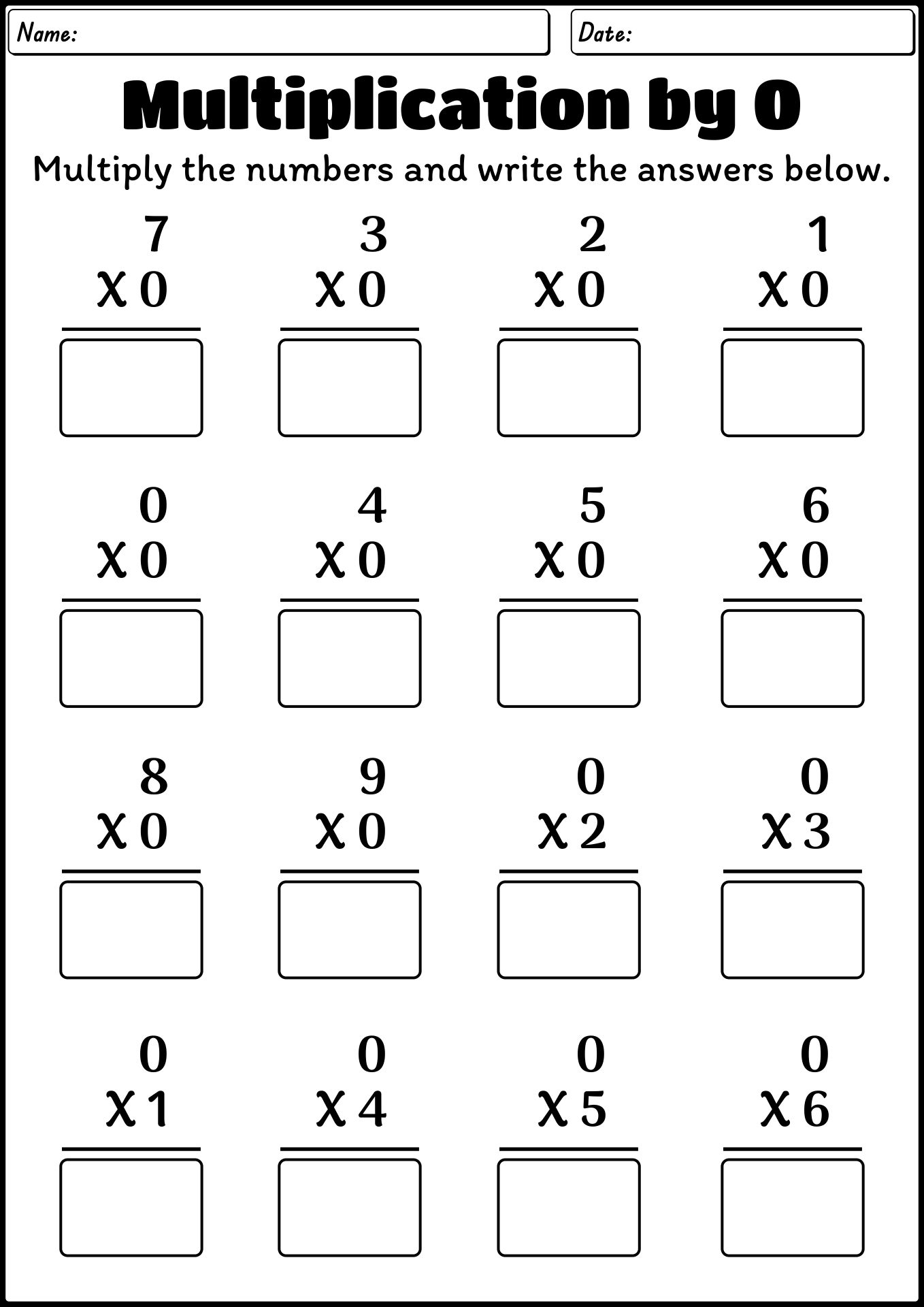 Beginner Multiplication 0 Worksheets