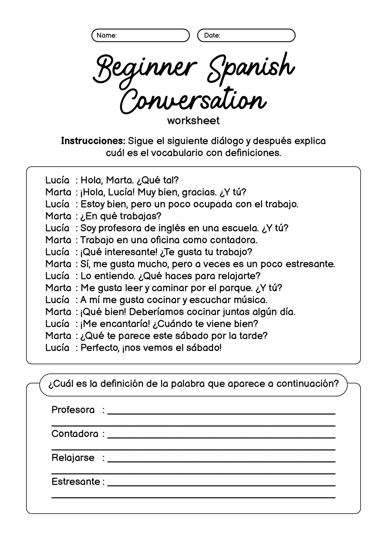 Beginner Spanish Conversation Practice Sheets