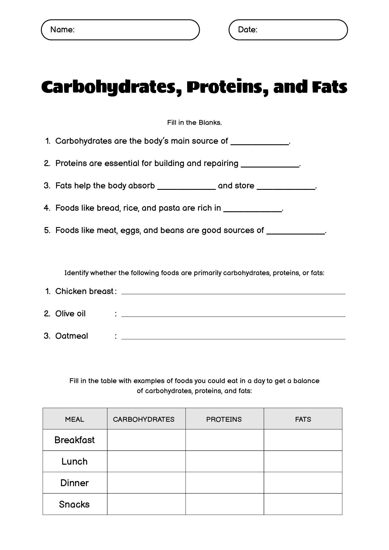 Carbohydrates Proteins Fats Lesson Worksheets