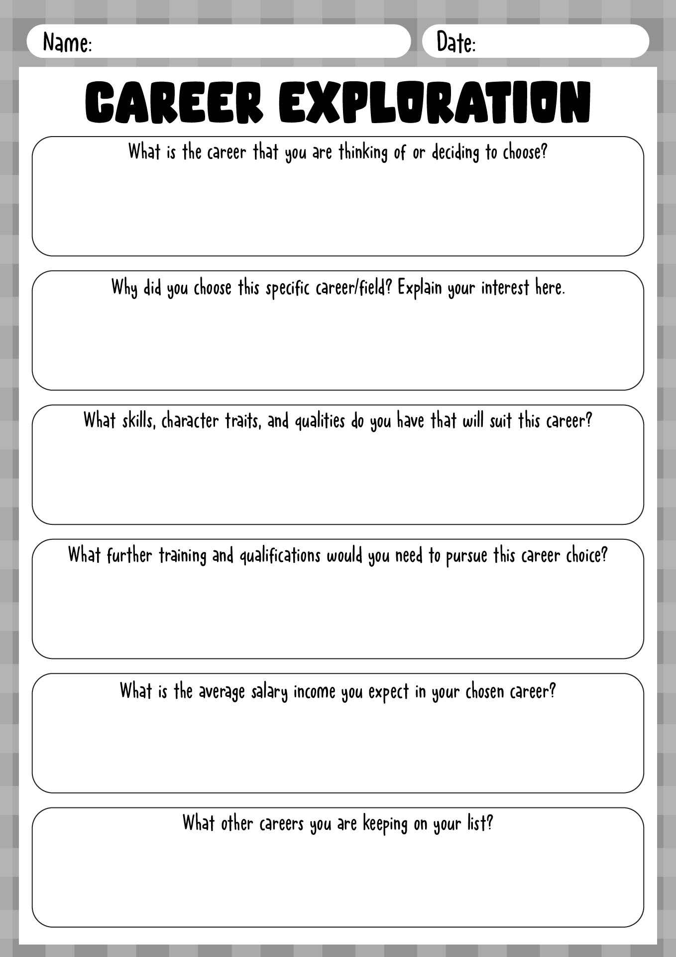 Career Exploration Pathways Worksheet