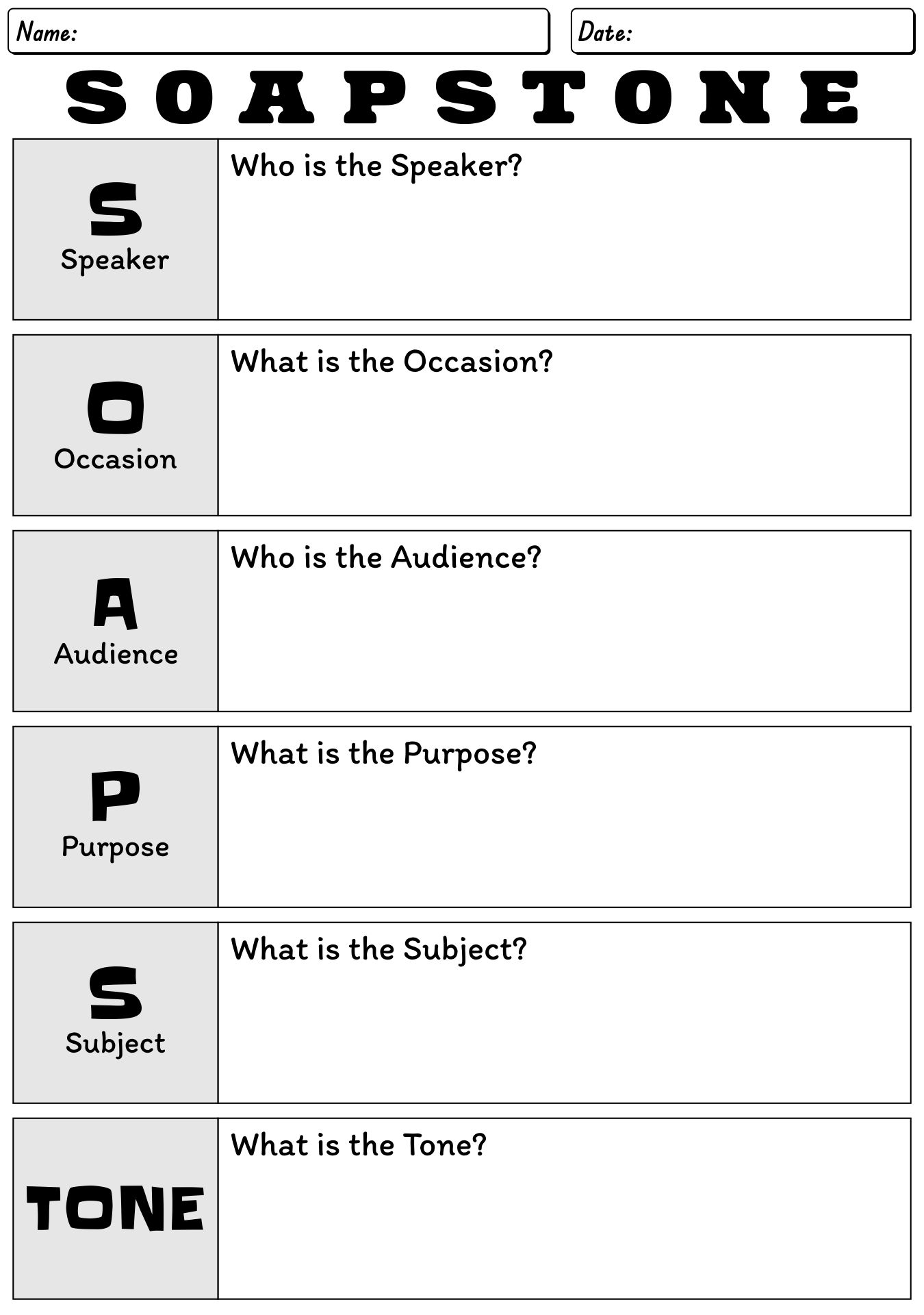 College Soapstone Reading Response Worksheet