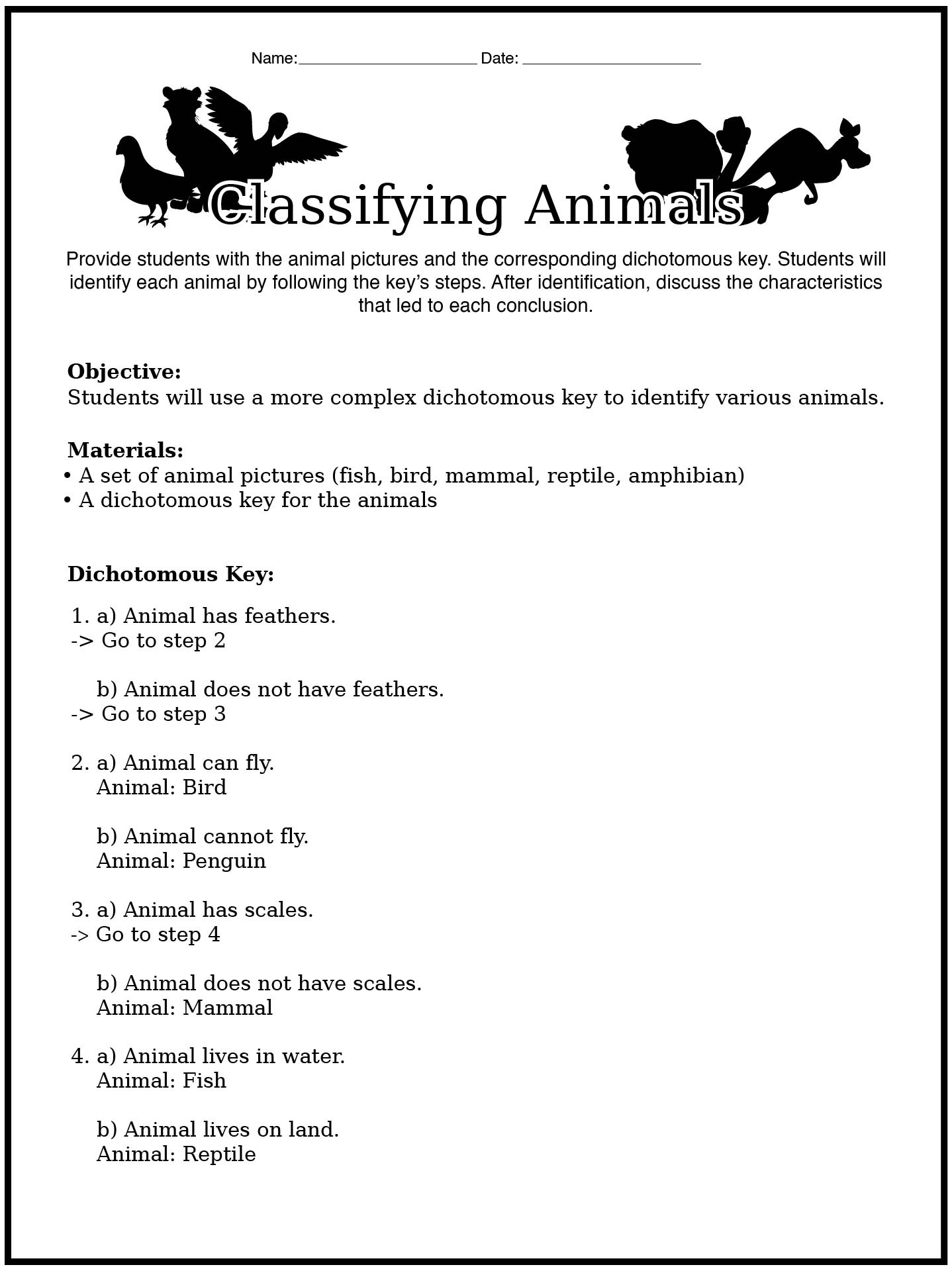 Comprehensive Dichotomous Key Activity Sheets