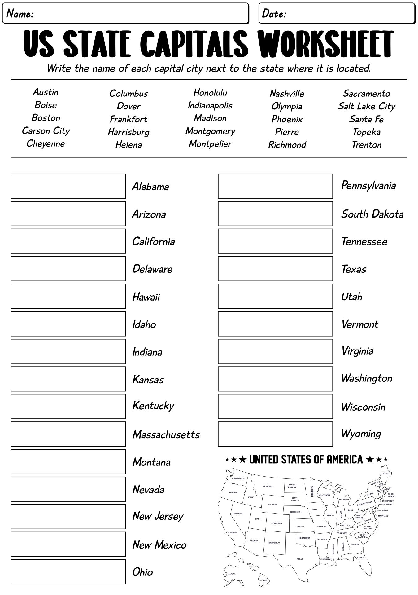 Comprehensive US Geography States Capitals Worksheets