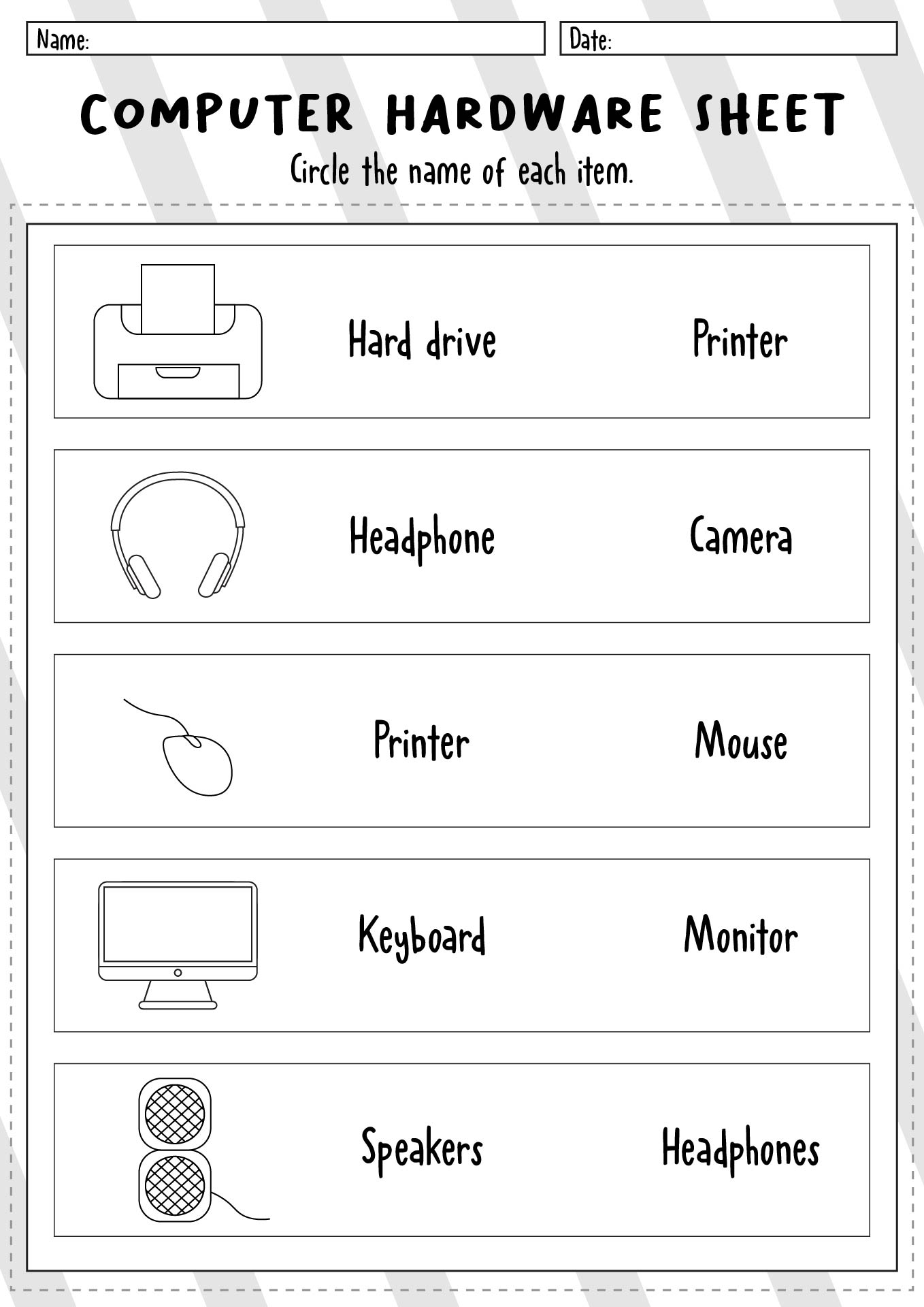 Computer Hardware Practice Sheet for Kids