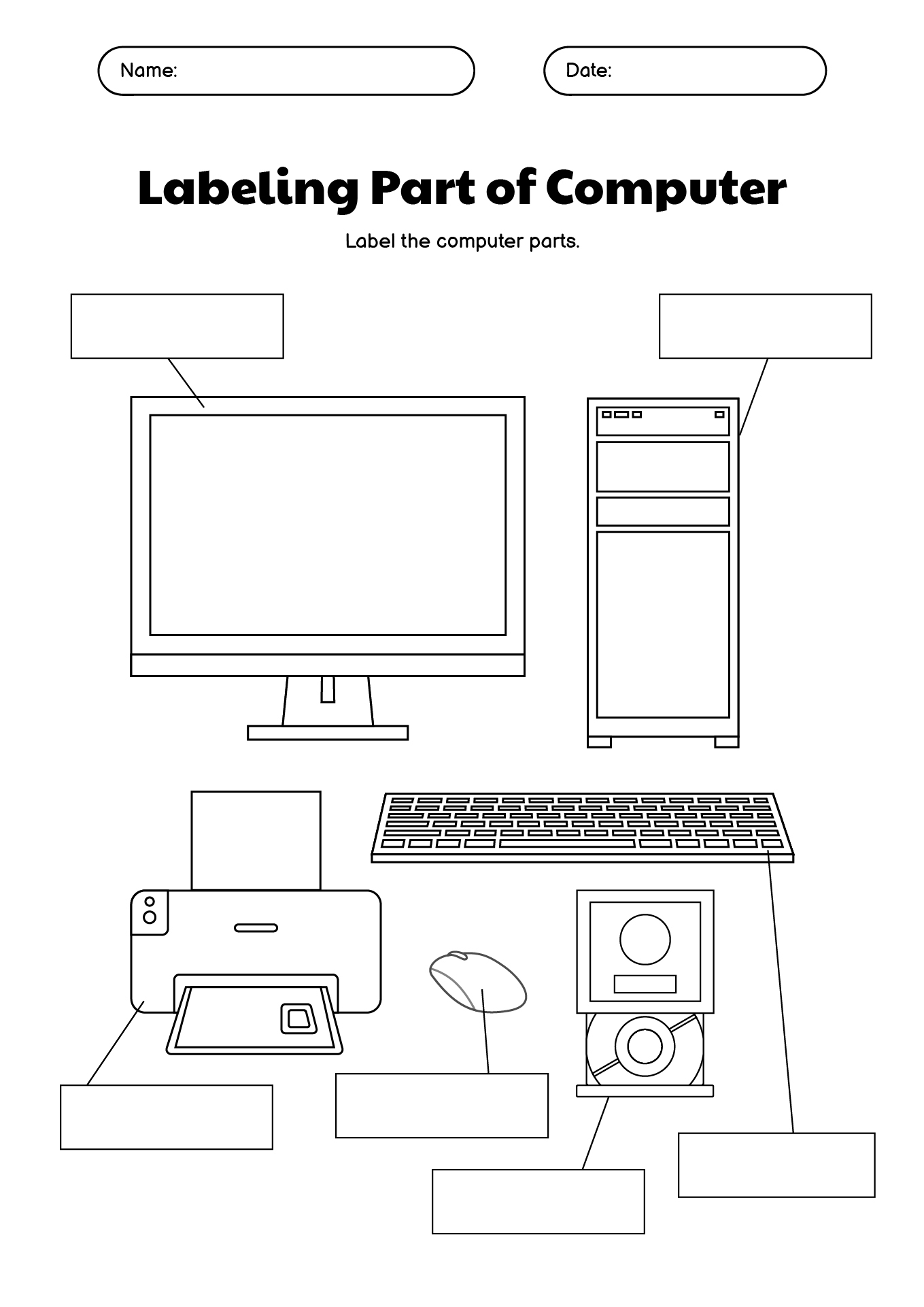 Computer Parts Naming Worksheet for Young Students