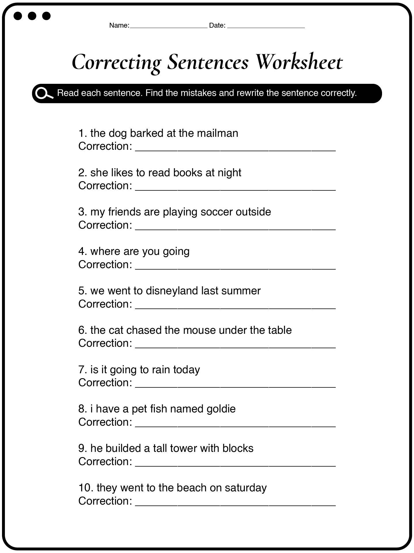 Correcting Sentences Worksheets for Second Grade