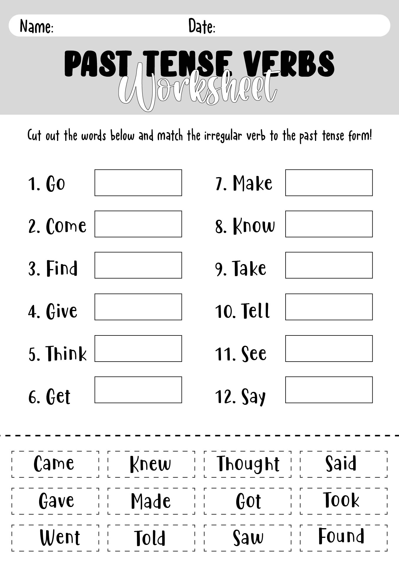 Cut and Paste with Past Tense Verbs Worksheet for Second Grade