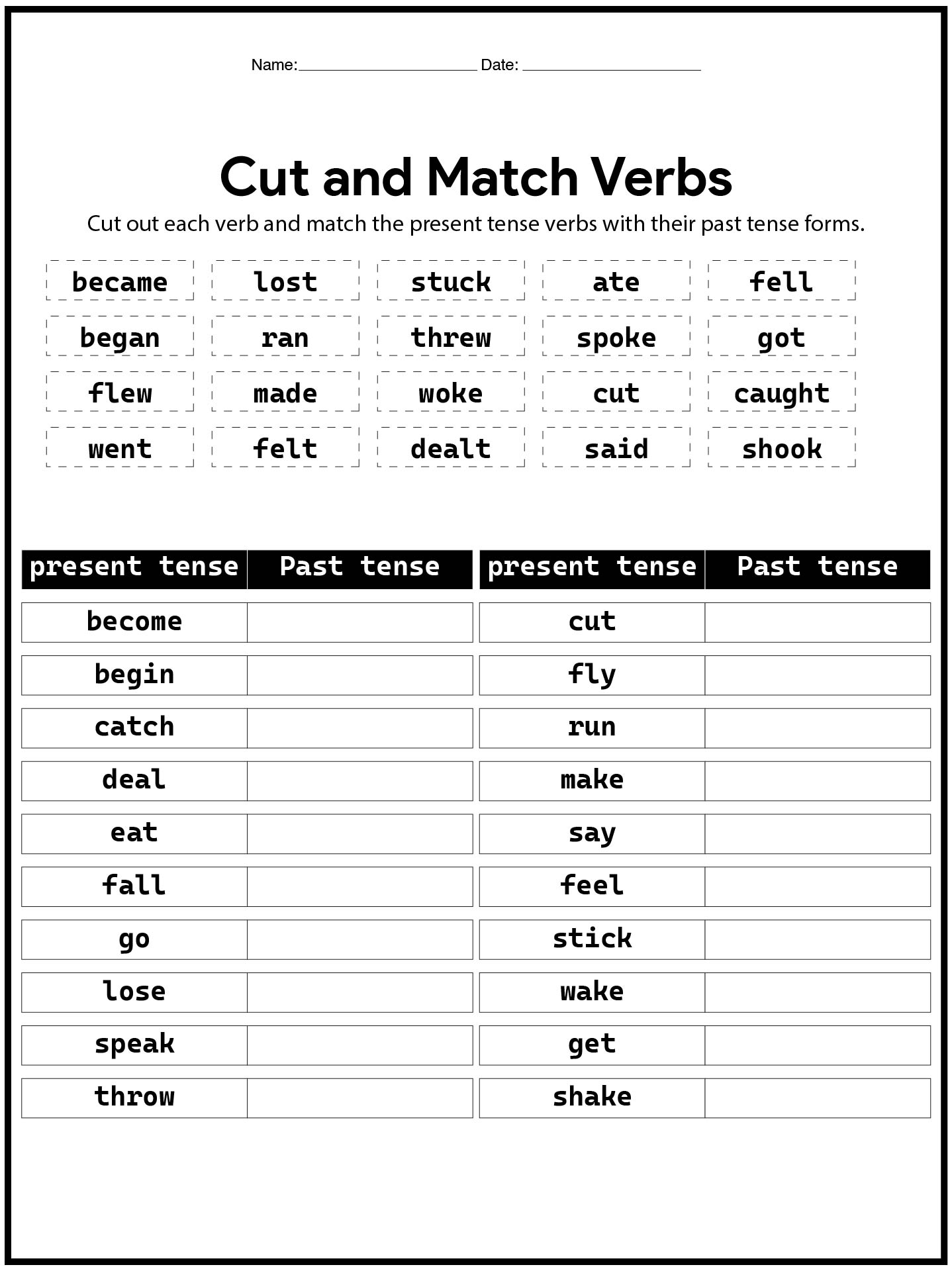 Cutting Practice with Past Tense Verbs for Second Graders