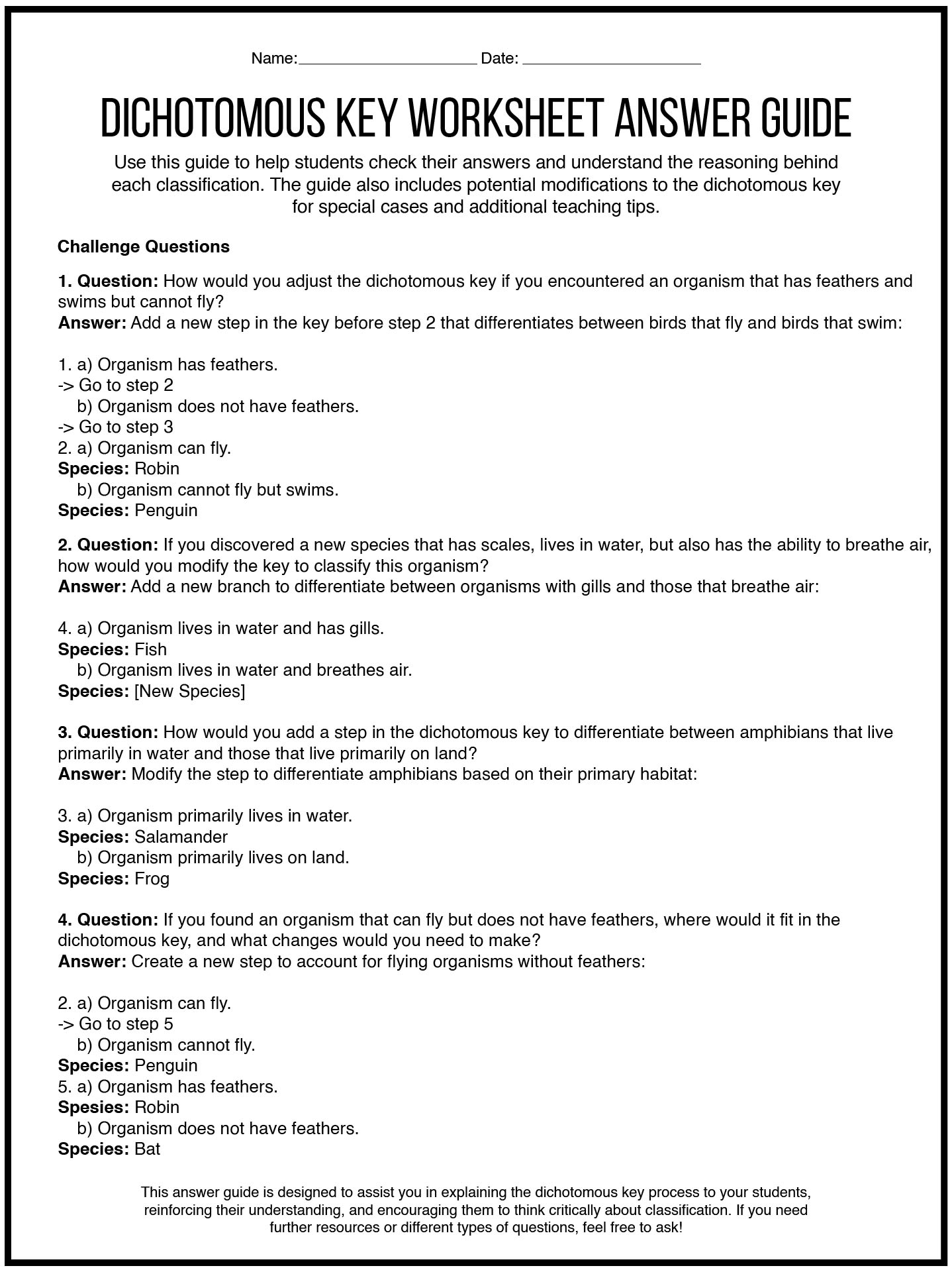 Dichotomous Key Worksheet Answer Guide for Teachers